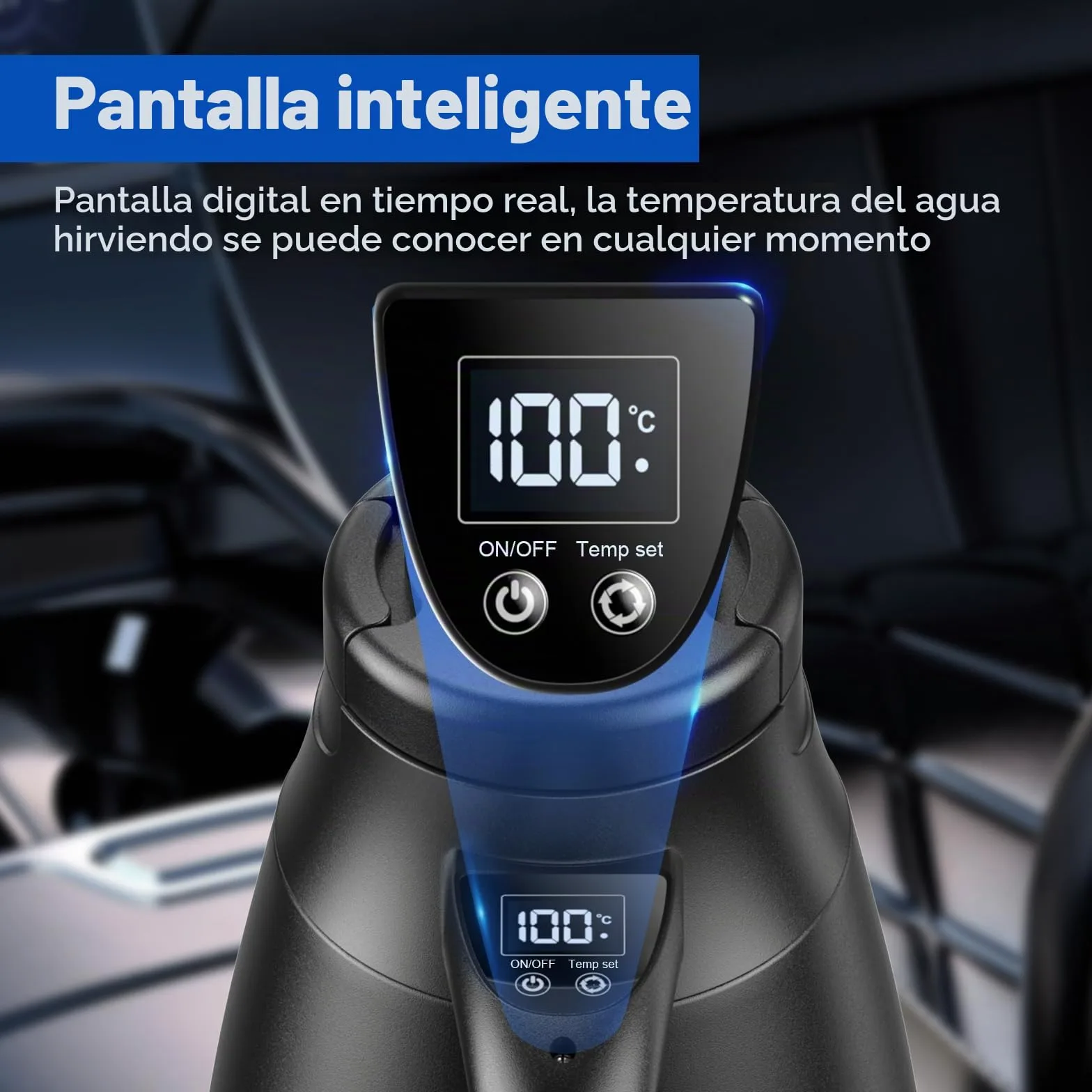 Hervidor de agua de viaje para coche, 12 V/24 V, 1,2 litros, de acero inoxidable, eléctrico, portátil, con encendedor de cigarrillos, hasta 100 ℃ con pantalla LCD para agua caliente, café, té, coche