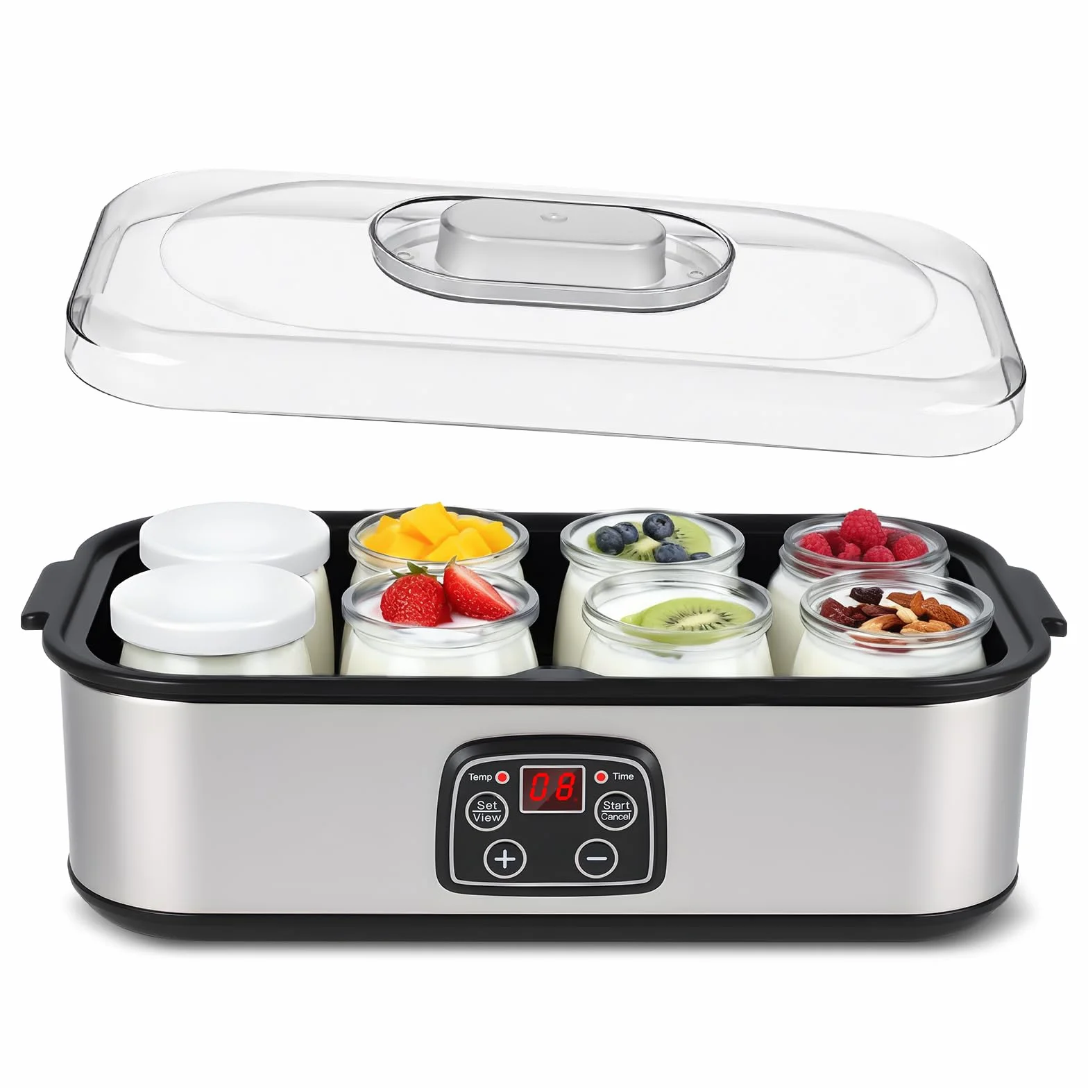 Yogurtera 1400ml, Greek Yogurt Maker with 8x180ml Jars,Yogurtera 8 Tarros con Temporizador y Pantalla LCD, Rango de Temperatura Ajustable 20–55°C,Yogurt Maker para Yogur Casero y Probióticos