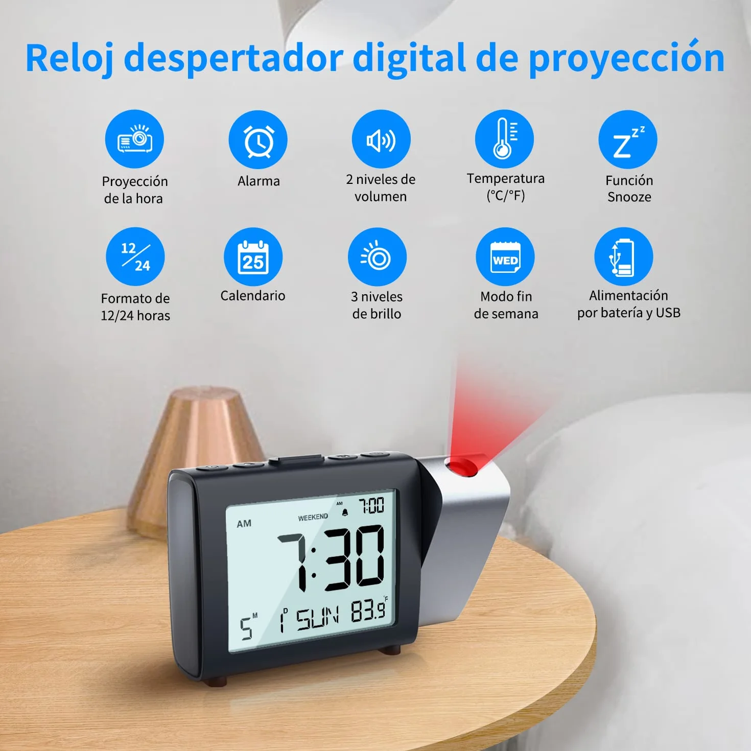 Reloj despertador de proyección digital: Pantalla LCD clara con temperatura fecha 12/24H y modo fin de semana, brillo y volumen ajustables, Reloj a pilas para niños ancianos dormitorio (Rojo)