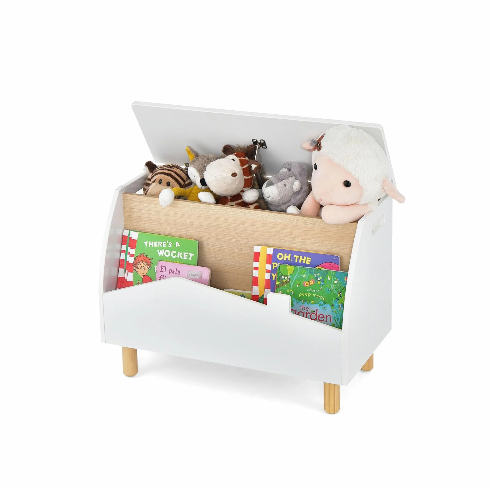 SOARS Organizador Juguetes Infatil, Baul Juguetes con Tapa Abatible, 2 Gran Espacios de Almacenamiento, Caja Juguetes para Niños con Patas de Madera de Pino, 60 x 30 x 44cm (Blanco)