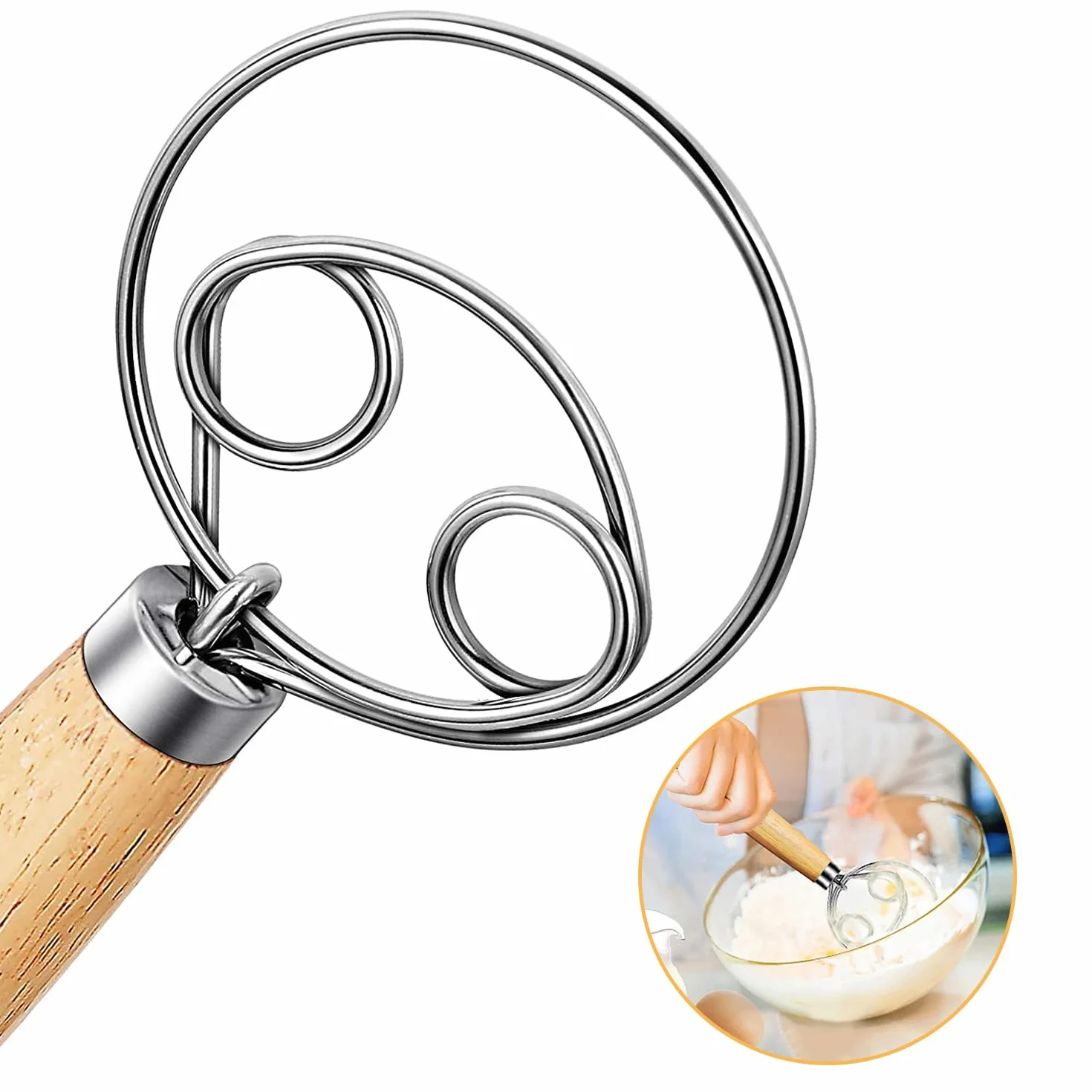 Batidor de masa danés y holandés, alambre de acero inoxidable 304, para batir huevos y masa danesa con mango de madera, para hacer pasteles de pan
