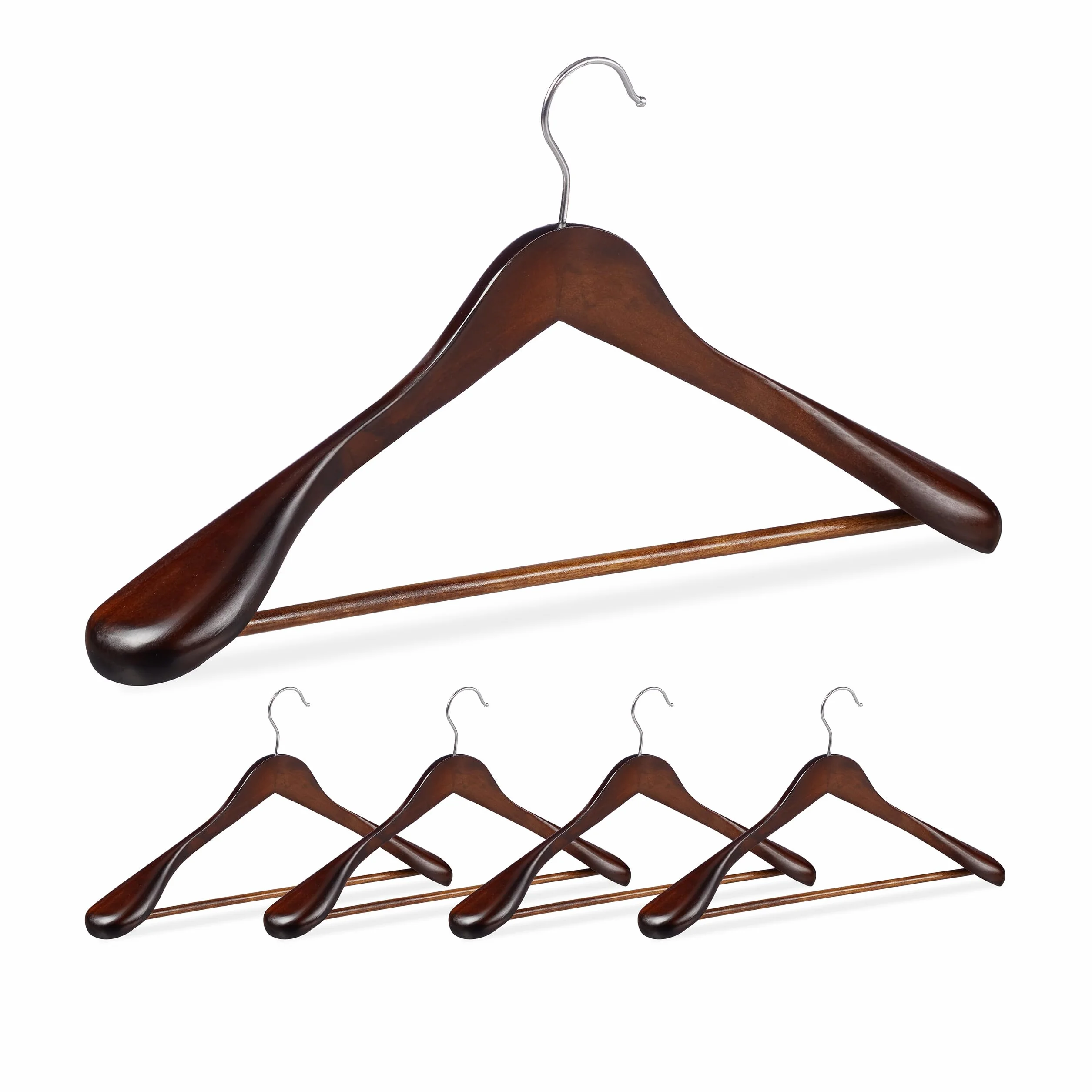 Relaxdays Pack 5 Perchas Traje Anchas, Colgadores Chaquetas, Pantalones, Madera-Metal, 24x44,5x5,5 cm, Marrón