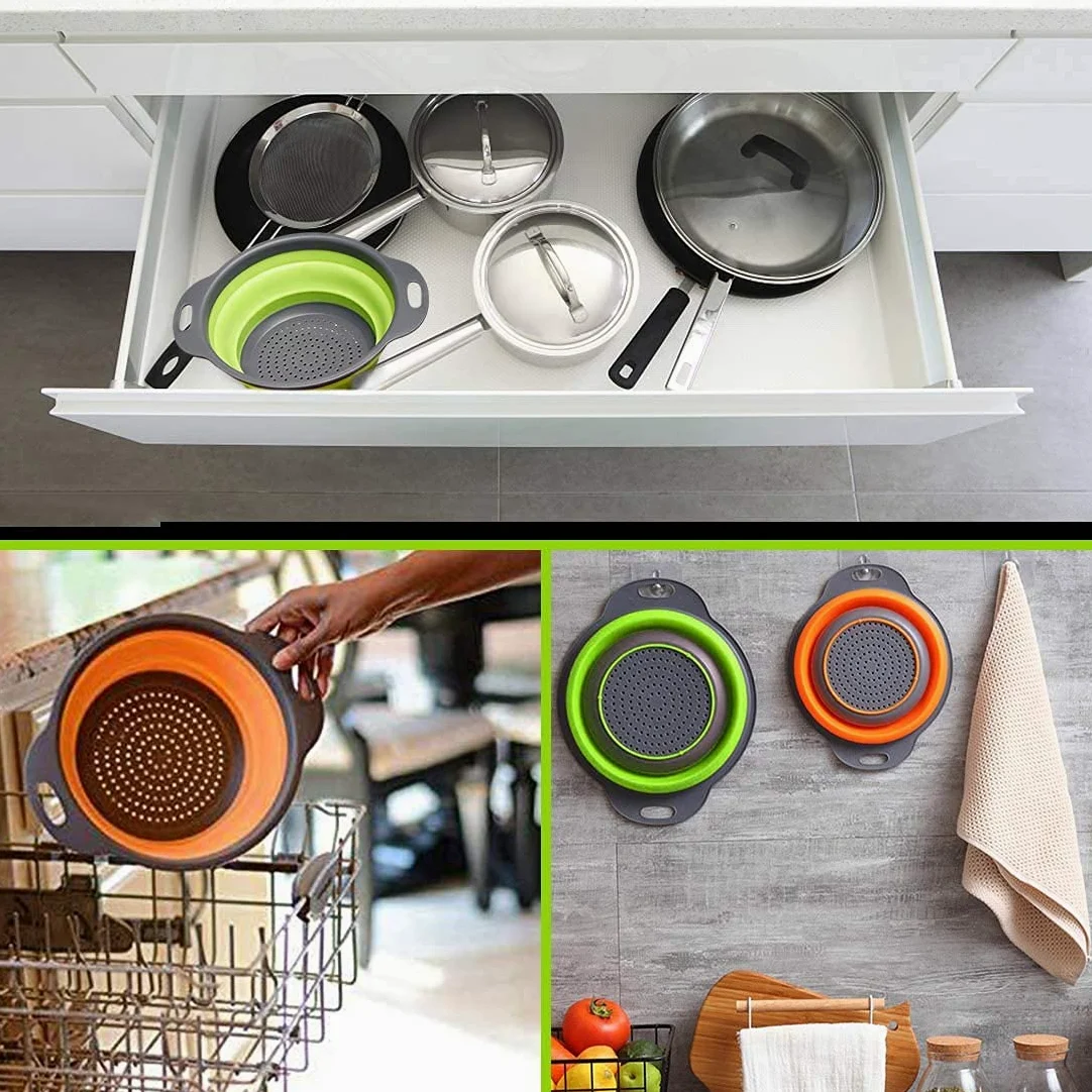Juego de 2 coladores plegables redondos de silicona para fregadero de cocina y cesta de frutas, 1 grande y 1 pequeño, perfecto para escurrir pasta, verduras y frutas, artículos esenciales para el