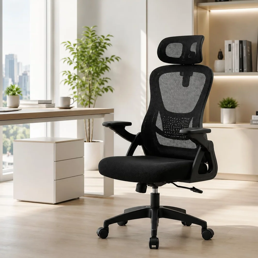 Silla de Oficina Ergonómica con Respaldo de Malla Transpirable, Soporte Lumbar y Altura Ajustable, Silla Escritorio Giratoria con Ruedas 360° (Cabecera y Brazos abatibles Negro)