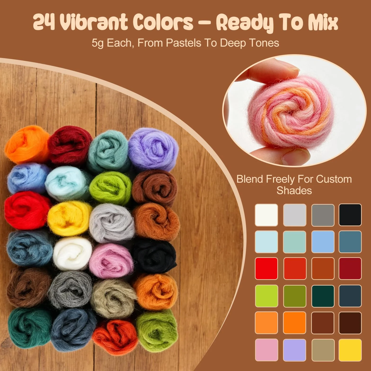5g Fieltro de Lana 24 Colores con Bolsa de Almacenamiento, Fieltro con Aguja que Incluye de Lana, 16 Agujas, Mangos de Madera, Almohadilla de Espuma, 3 Llaveros, DIY para Principiantes y Adultos