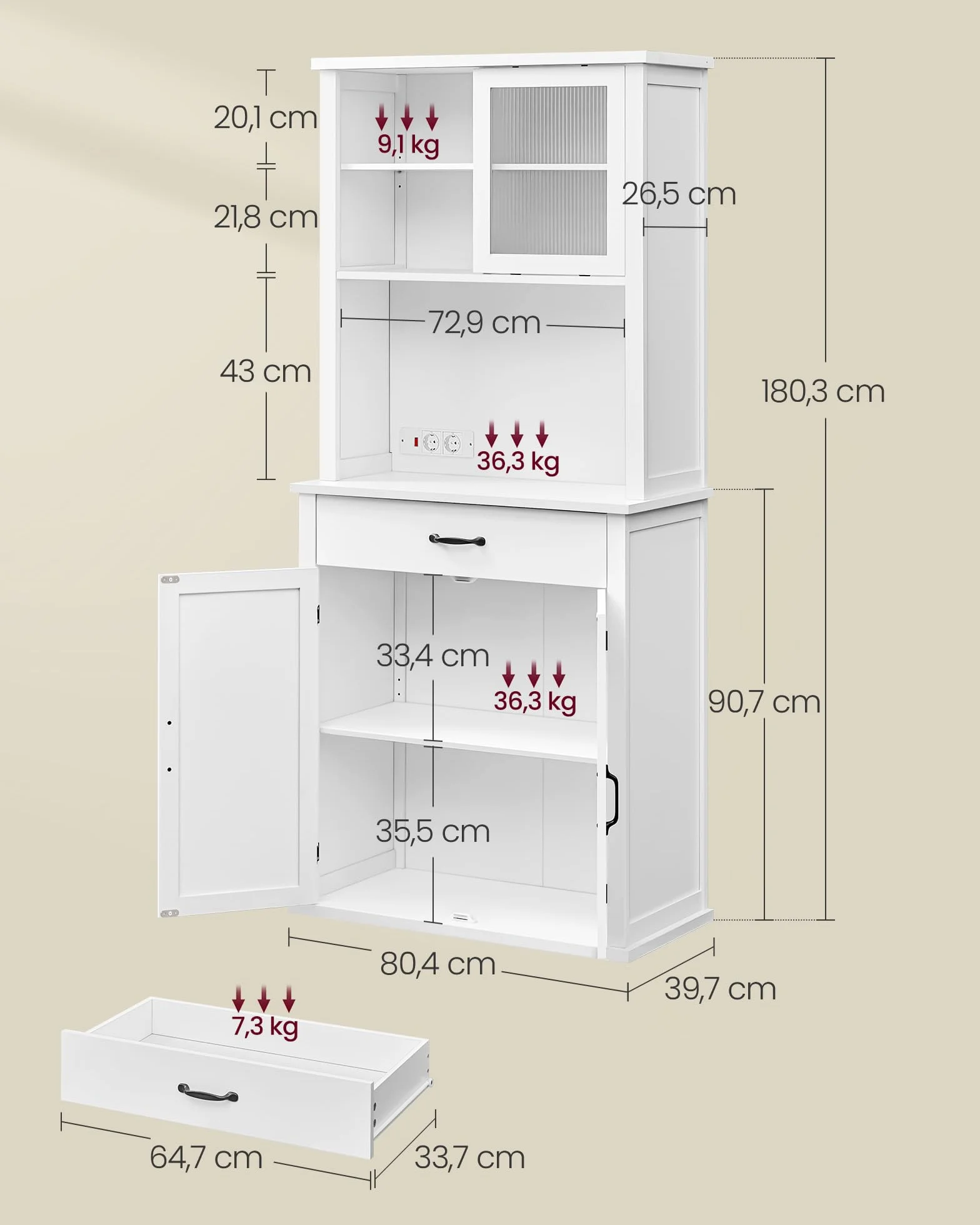 VASAGLE Armario con Luces y Cargador, Armario de Cocina, con Puertas y Cajones, 39,5 x 80,4 x 180,6 cm, Estantes Ajustables, Estilo Rústico, Blanco Nube BBK363W21