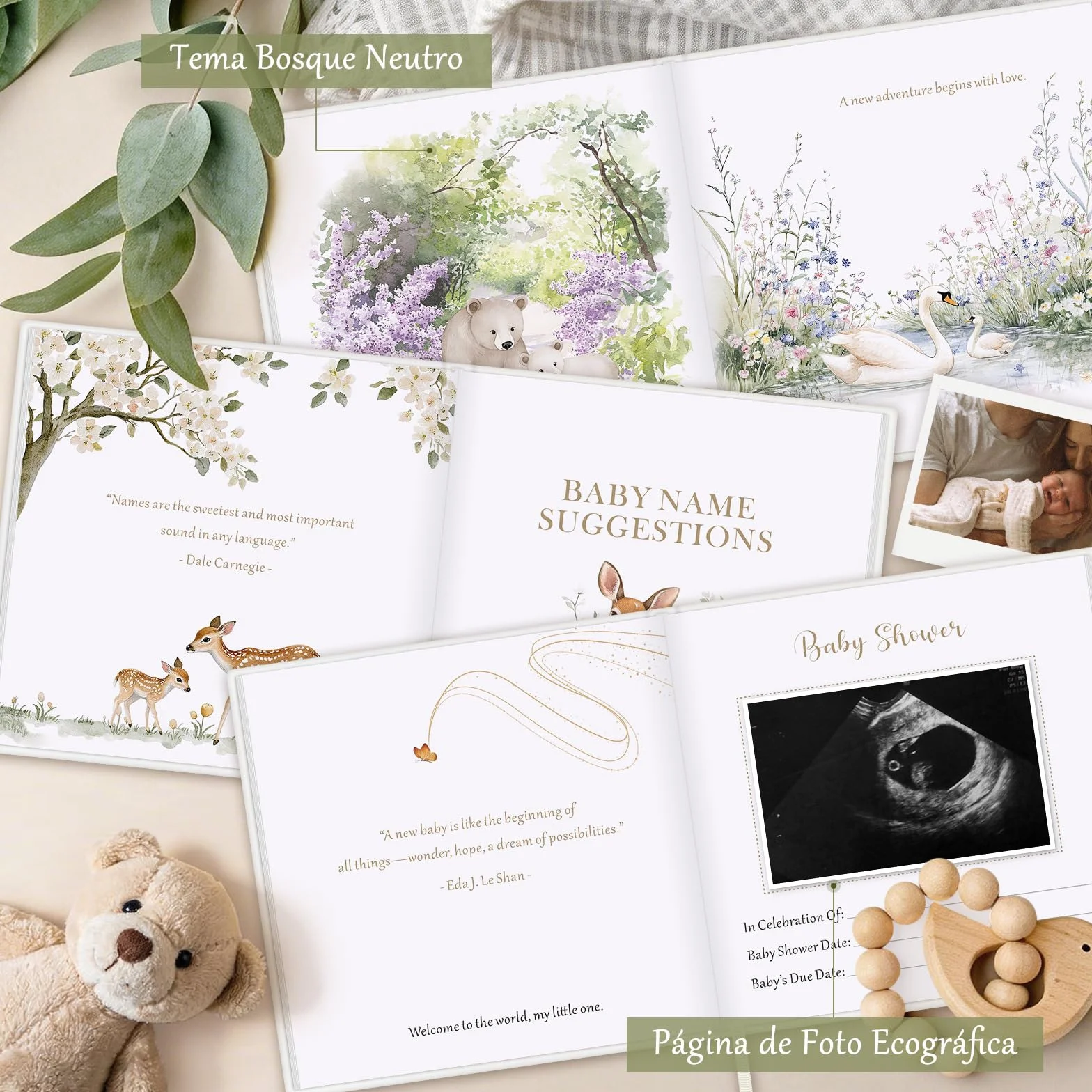 Lanpn Libro de Visitas para Baby Shower, Baby Shower Guest Book, Libro Firmas Recuerdo Regalo para Futuros Padres Gender Reveal Bebé Bautizo, Tema Animales Bosque Neutral, 114 Páginas, Inglés