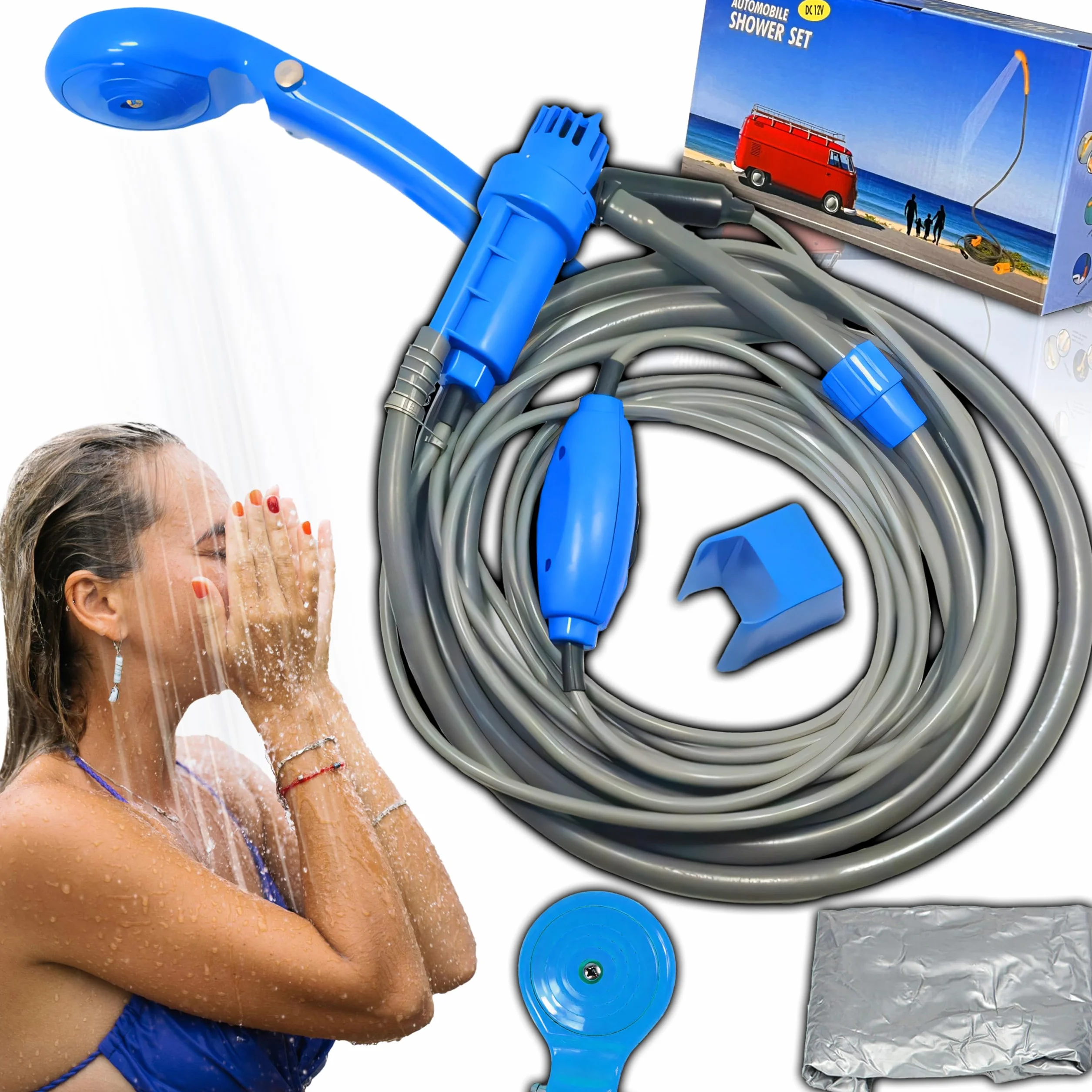 Retoo Ducha de camping portátil con bomba 35-60W Manguera 7m 12V