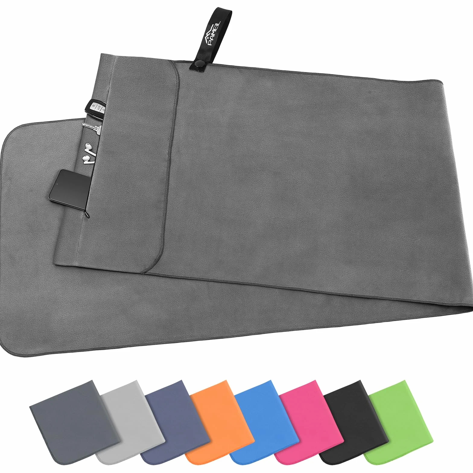 Pameil Toalla de Microfibra 120x50cm Deporte Ligera Absorbente Secado Rápido con Bolsillo Cremallera