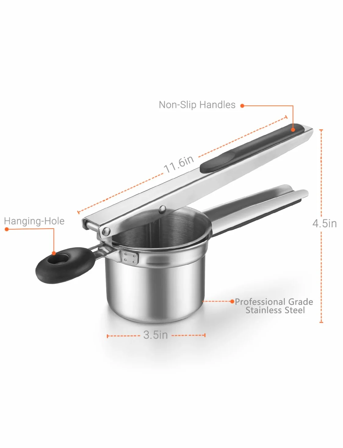 Arricer de patatas, de acero inoxidable, para frutas y verduras, triturador de alimentos de gran capacidad con 3 discos intercambiables y taza interior