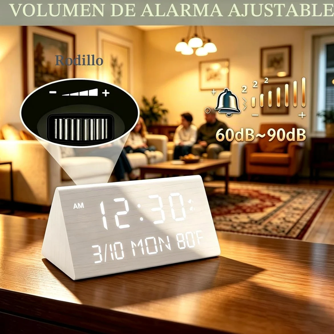 Kogonee Reloj despertador digital de madera, 0100% de brillo y volumen, detección de temperatura, fecha, modo de día de semanafin de semana, doble alarma, 9 minutos de repetición, 1224H, reloj LED