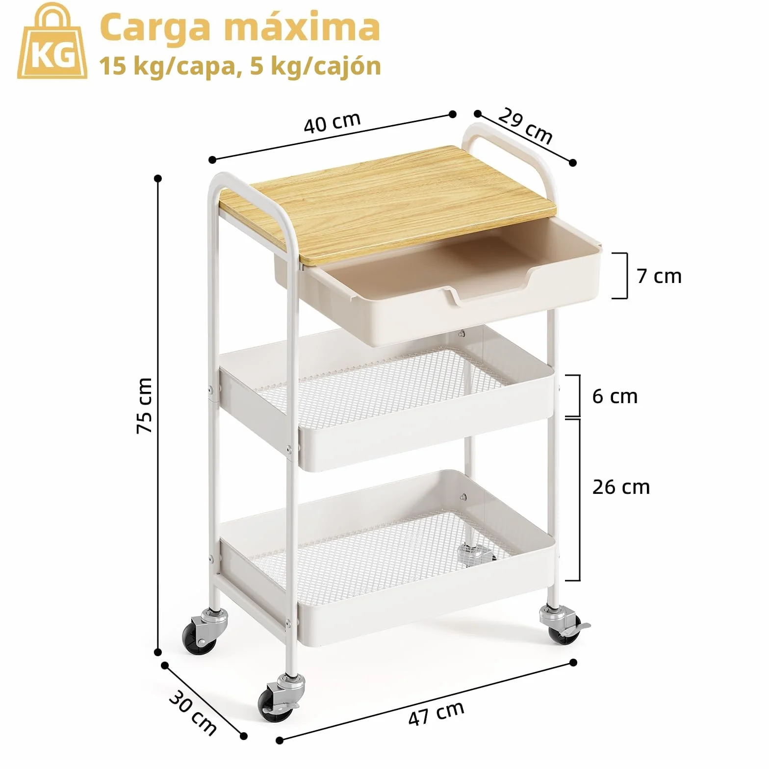 KINGRACK Carro Auxiliar de Cocina de 3 Niveles, Carrito verdulero con Asa, Ruedas, y cajones, para baño peluqueria, con Tapa de Madera, Blanco WKUK830549-1
