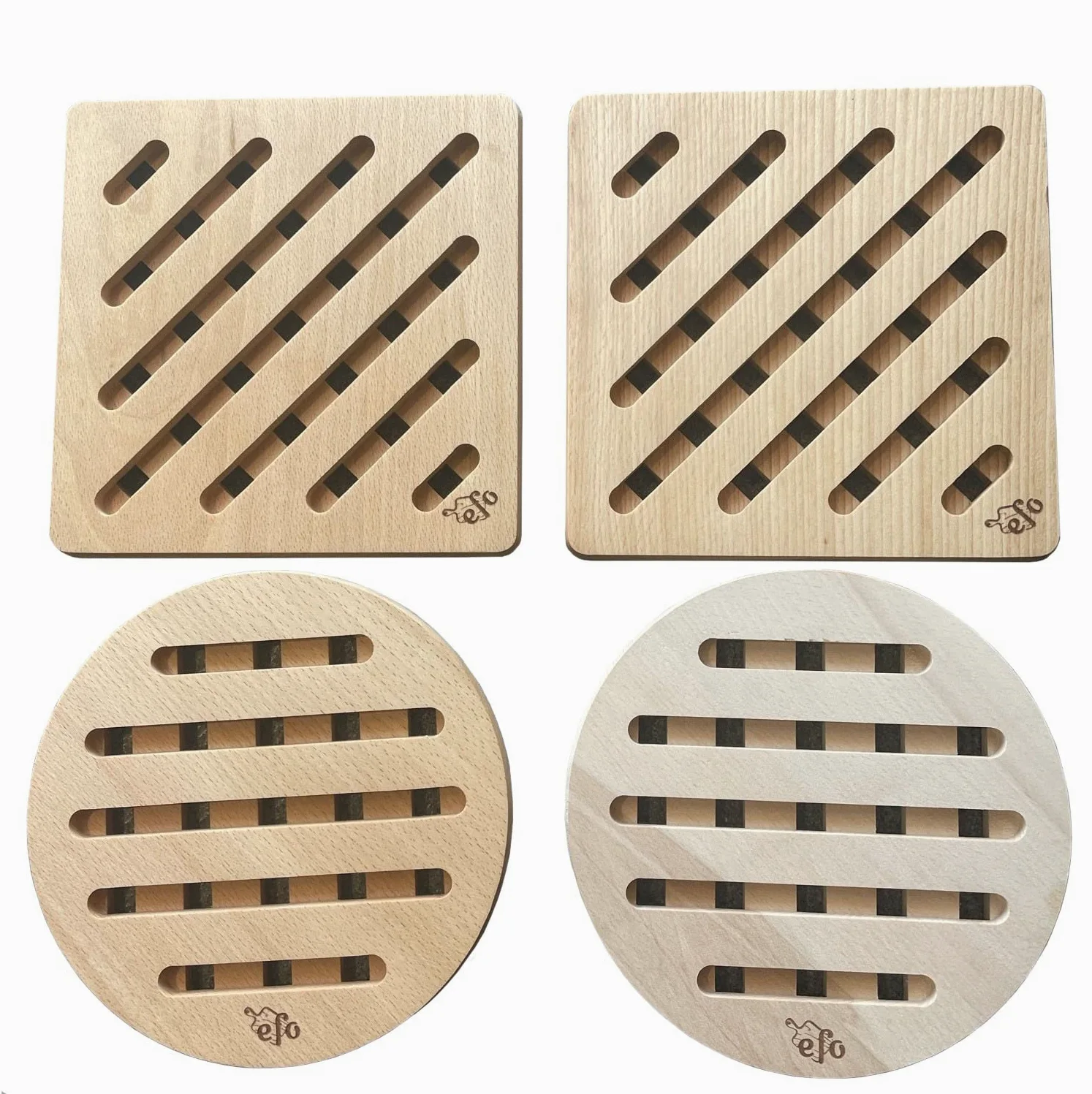 efo Juego de 4 Almohadillas de Madera Resistentes al Calor (Cuadrados y Redondos de 20x20cm) salvamanteles de Madera Antideslizantes para sartenes o ollas de Cocina