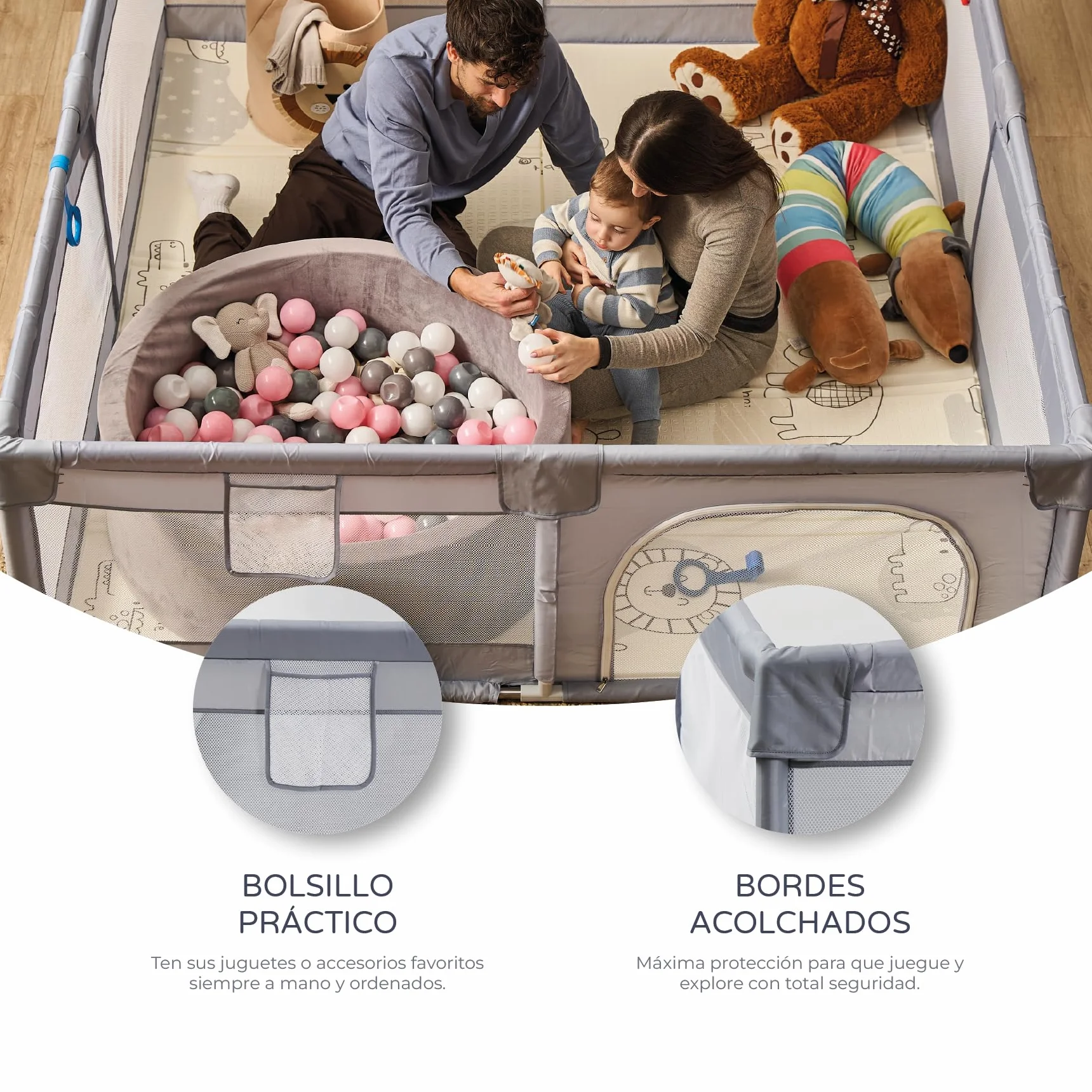 Parque Infantil XXL NYLON 3MEDIDAS - Corralito para bebé plegable - Parque de juegos para bebe Seguro, Con gateras y ventana red - Con ventosas - Fácil Montaje