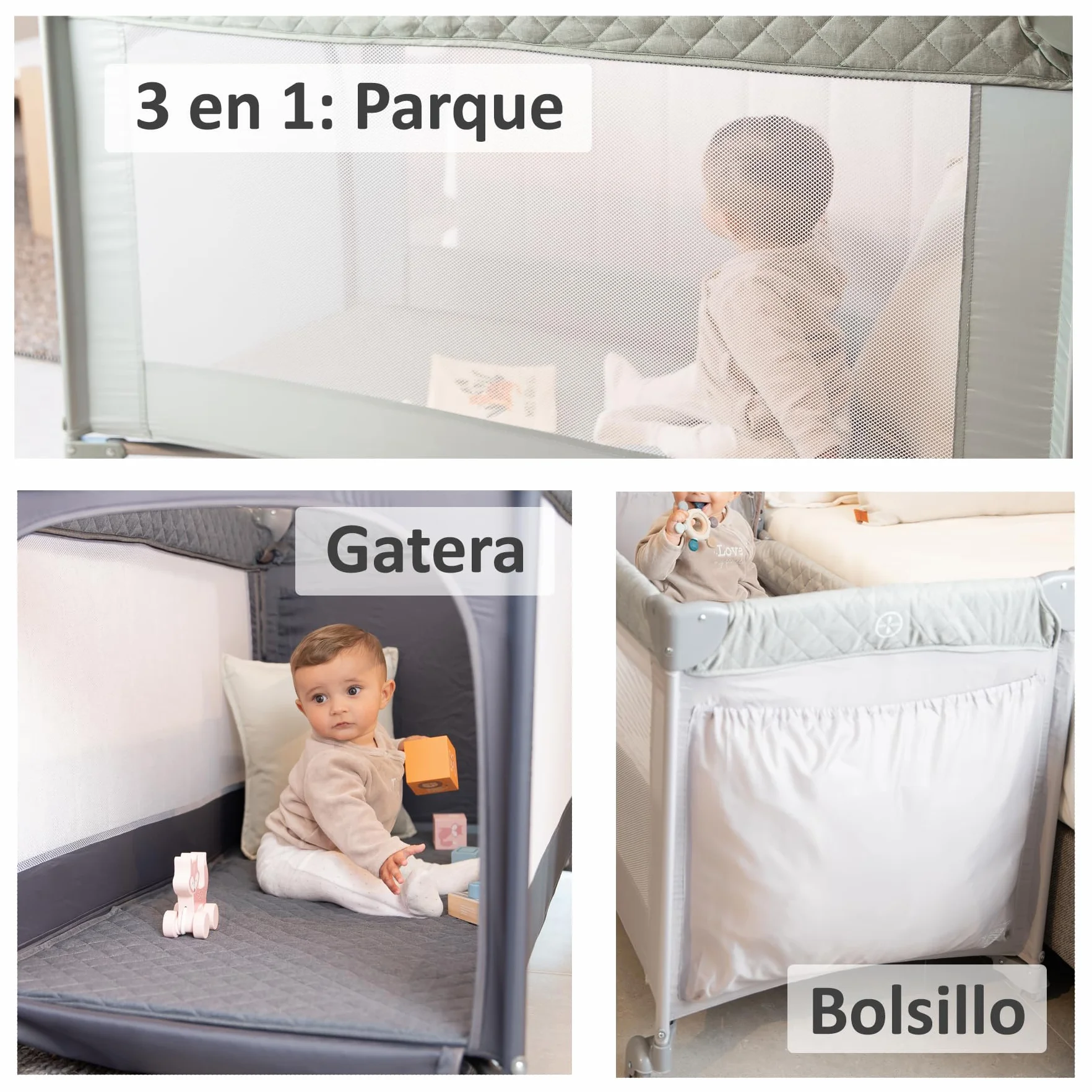 Cuna de Viaje Colecho 3 en 1 Trend Cun con Mosquitera 0-3 años (0-15kg) Plegable, Doble Altura, Lateral Abatible, Parque de Juegos, Bolsa de Transporte Gris Claro