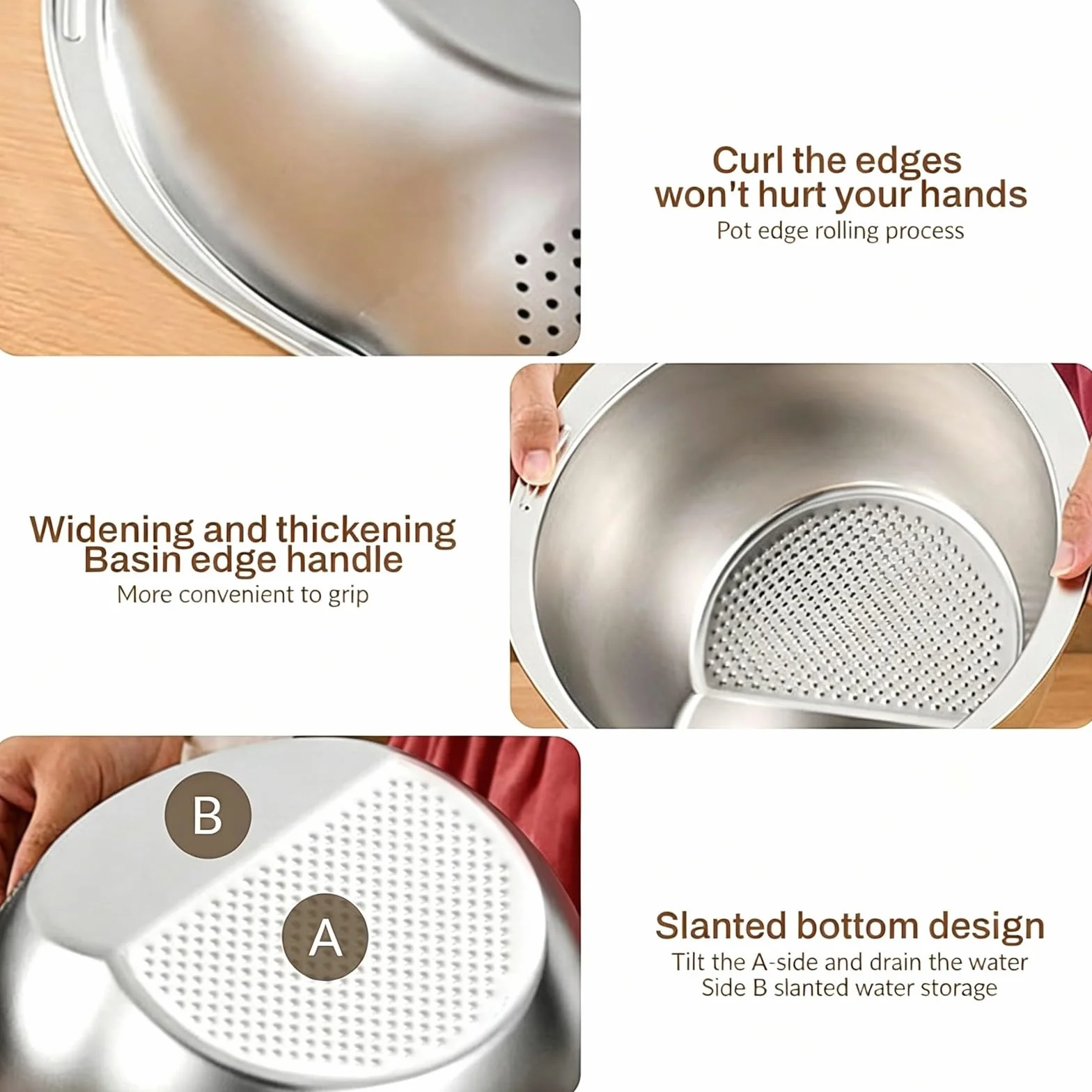 Bol para Lavar Arroz 3 en 1 con Tapa Ralladora y Bandeja de PreparacióN Dividida, Colador Multiusos para Pasta, Frutas y Verduras(Silver)