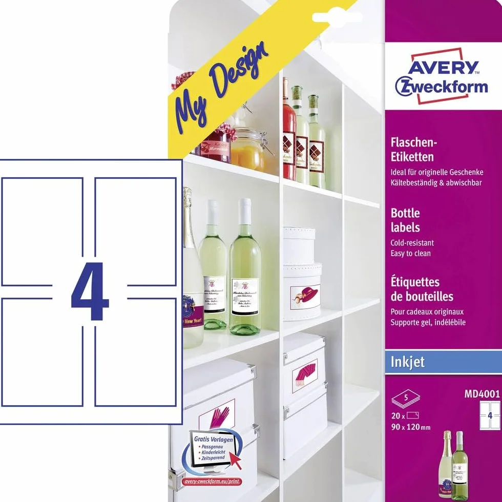 Avery MD4001 - Etiquetas para botellas (90 x 120 mm), color blanco
