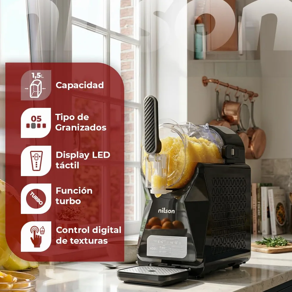 Máquina Granizadora, Heladera y Enfriadora de Bebidas, Ice Cream Maker, 10 Niveles para Granizados Bebidas Frías y Helados en Casa, Capacidad 1,5L, 5 Modos de Funcionamiento, Display LED