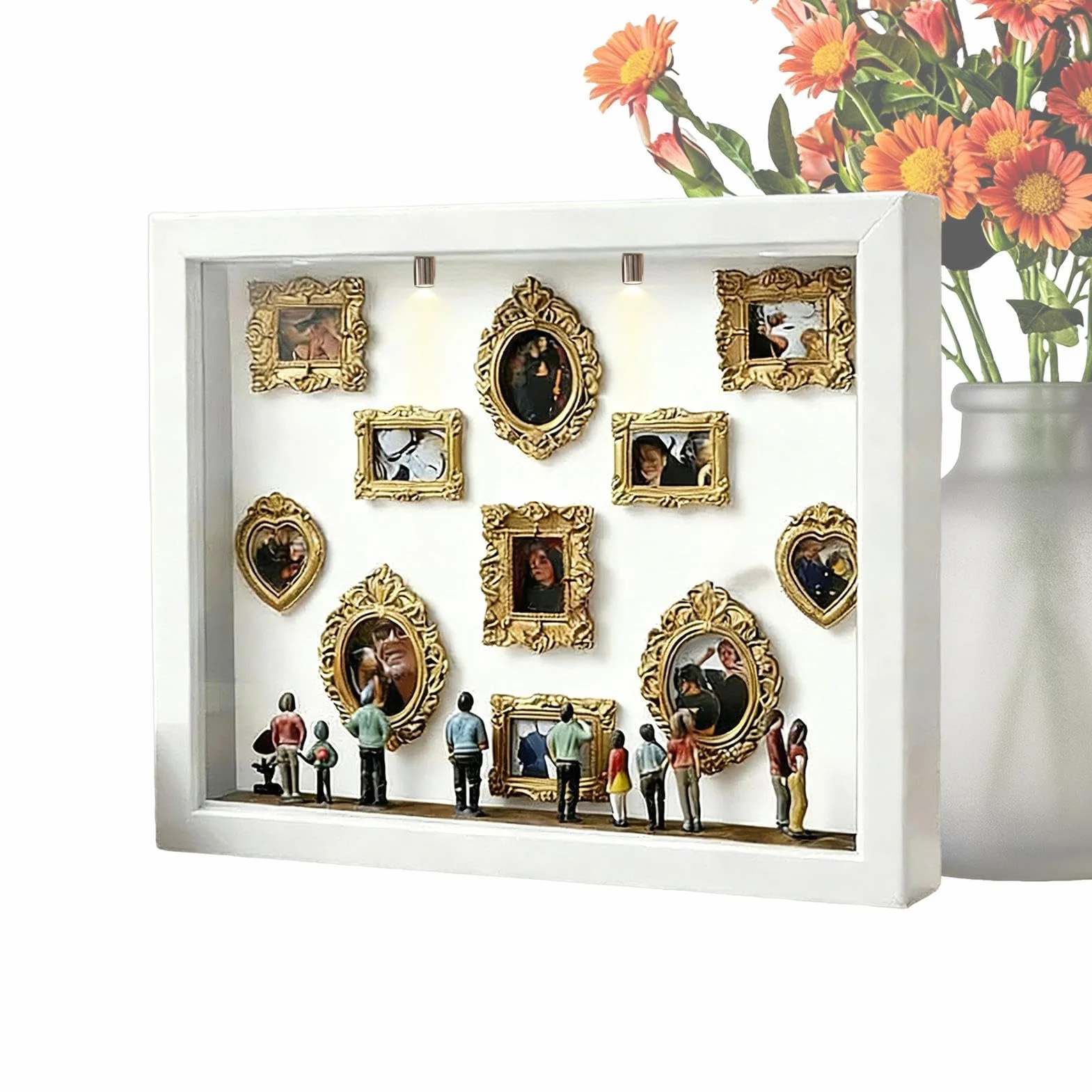 Kit DIY Museum para Parejas - Marco Display Sombra con Figuras miniaturas y Marco Dorado pequeña Sombra Museo DIY | Miniatura para Recuerdos - Mini Museo - Boda Vacaciones
