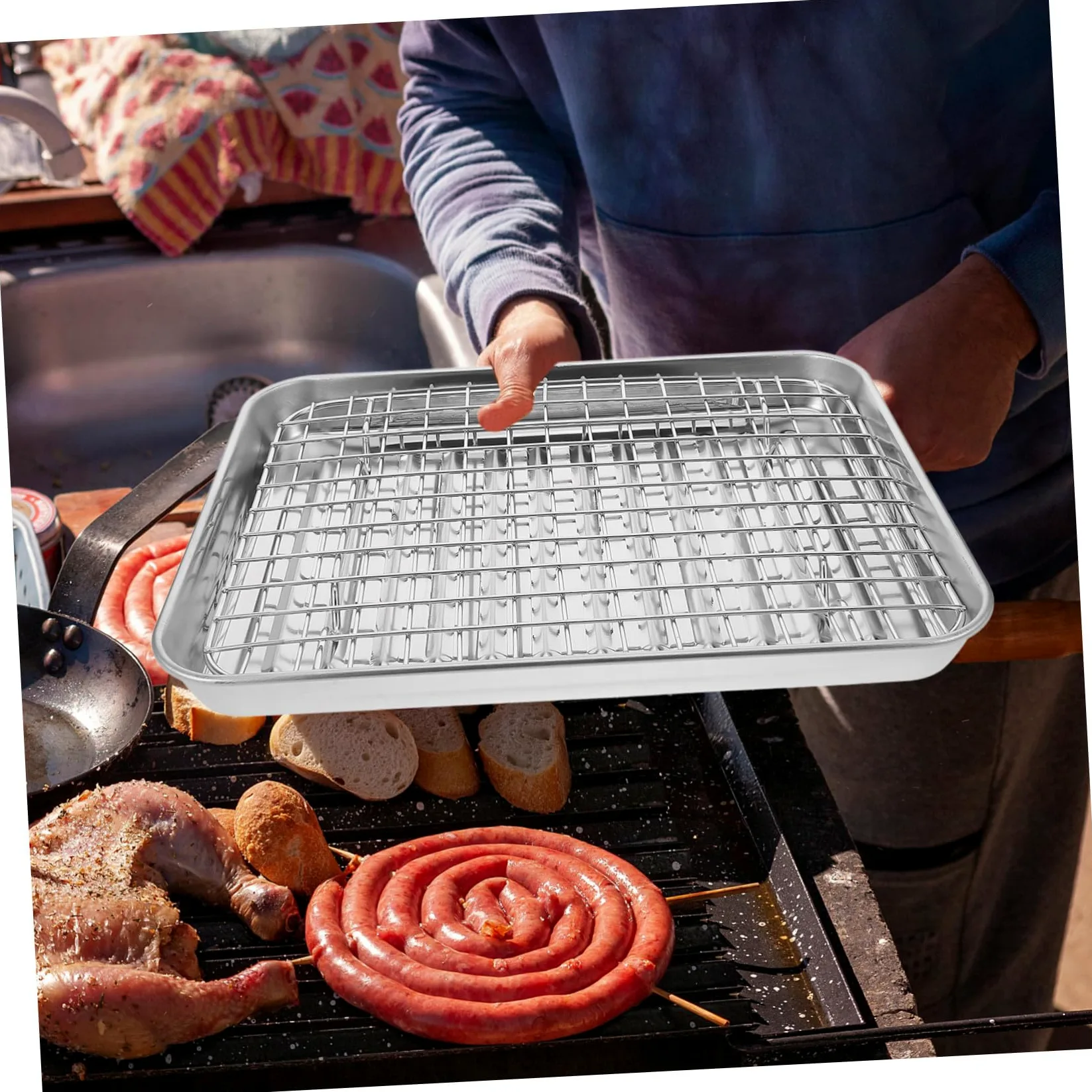 Juego de Bandeja de Horno de Acero Inoxidable con Rejilla, 43 Cm | Drenaje de Aceite, Servir Fritos, Uso en Casa y Familia, Estilo Simple, 1 Juego