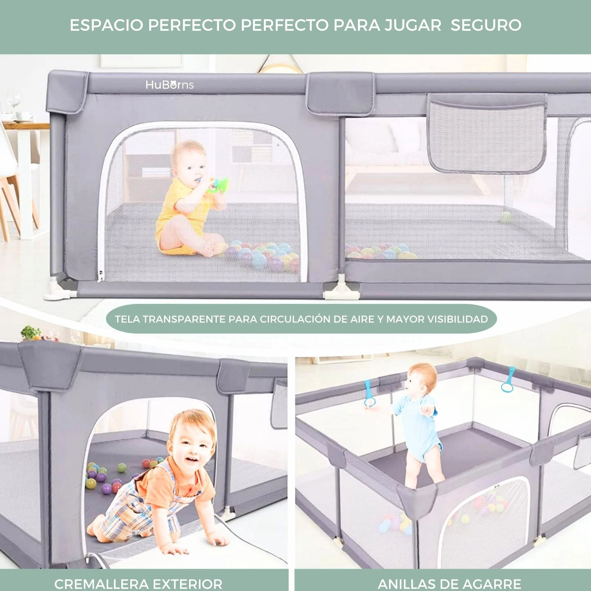 HUBORNS Parque infantil bebé plegable 124x124 con malla transpirable