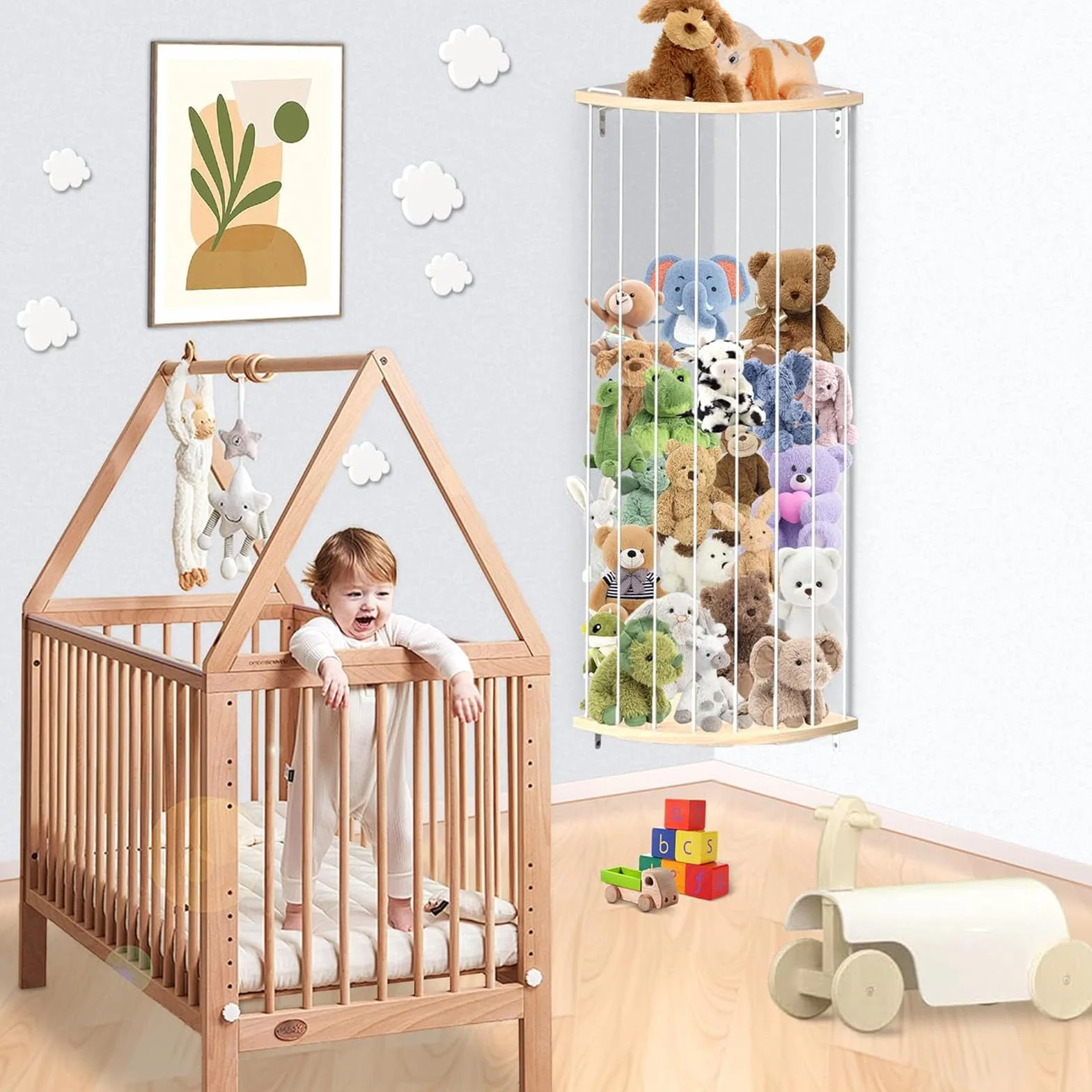 Almacenamiento de animales de peluche, estante de madera para dormitorio infantil