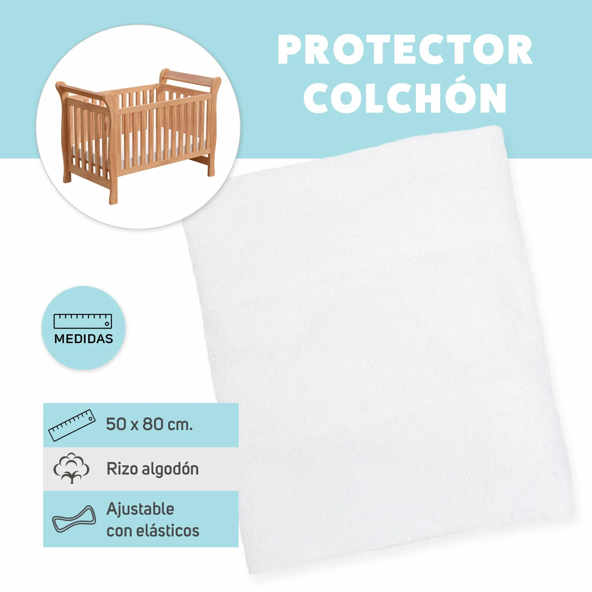 Protector Colchón Cuna 80x50 cm Impermeable Transpirable Rizo Algodón Suave Ajuste Elásticos Antibacterias Lavable