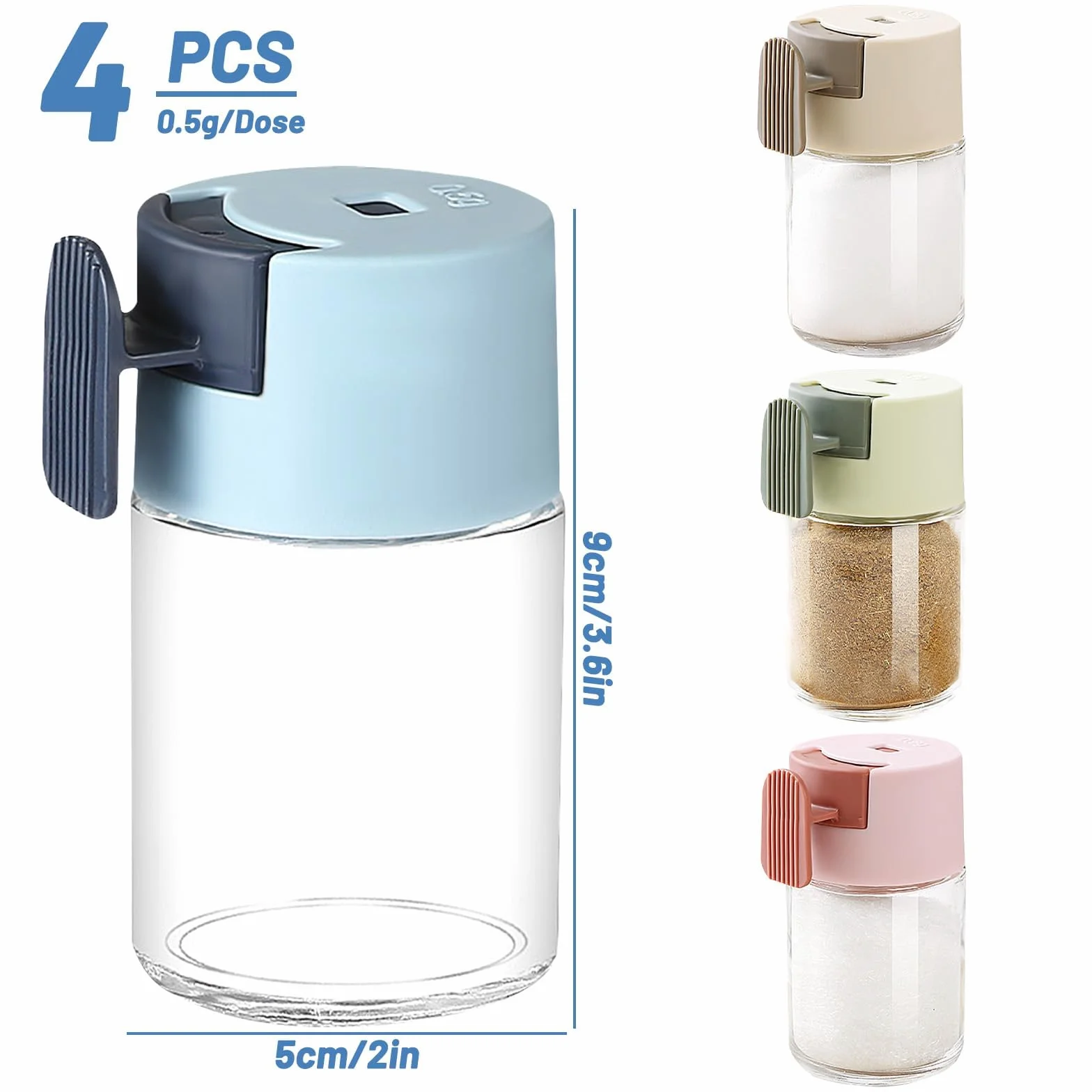 Juego de 4 Botes Especias con Asa, 100 ml Tarros de Especias con Dosificador de Sal y Pimentero, Dosificación Precisa de 0,5 g para Salero de Cocina Dispensador de Azúcar