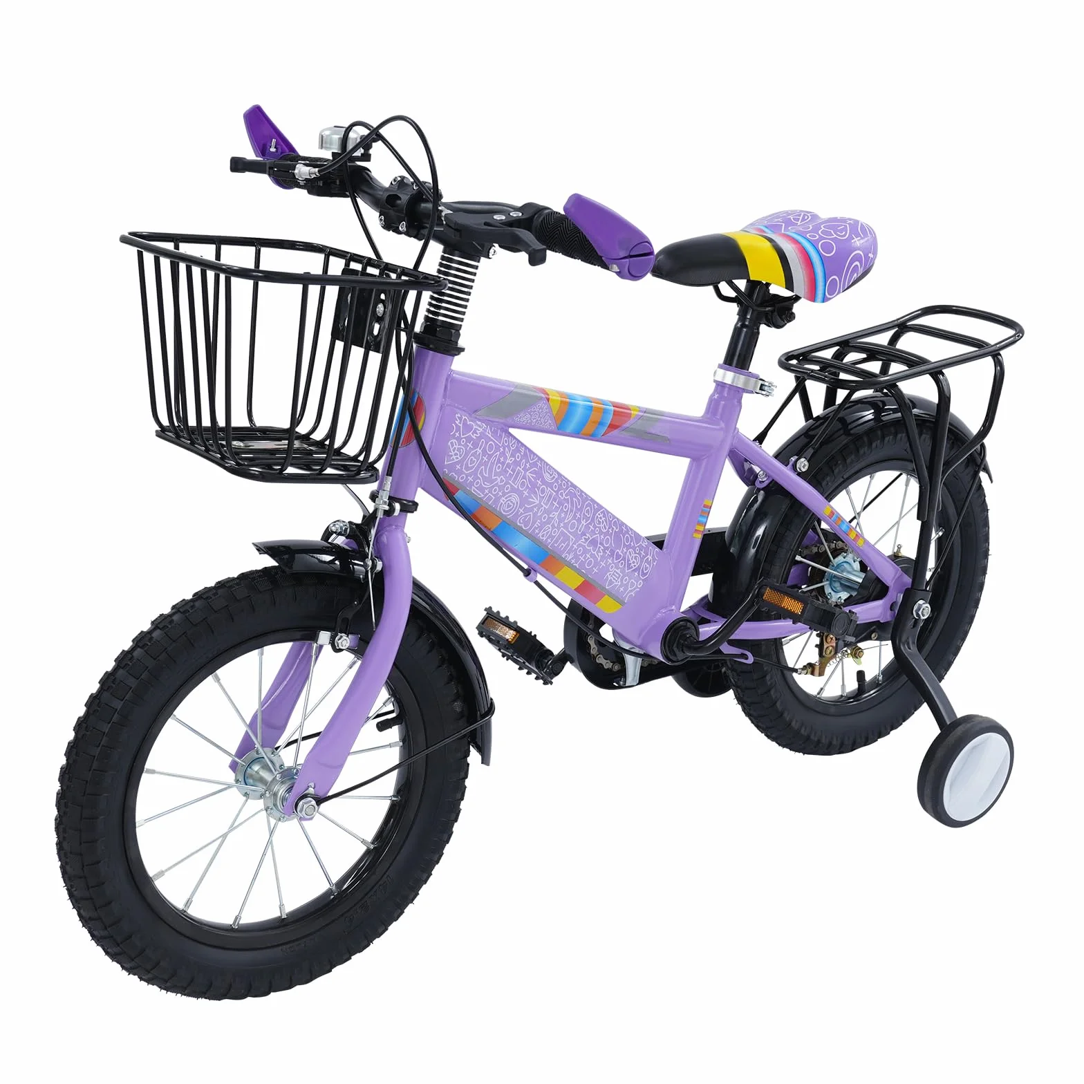 Bicicleta infantil 14 pulgadas con asiento trasero y cesta, ruedas estabilizadoras, altura regulable, acero resistente