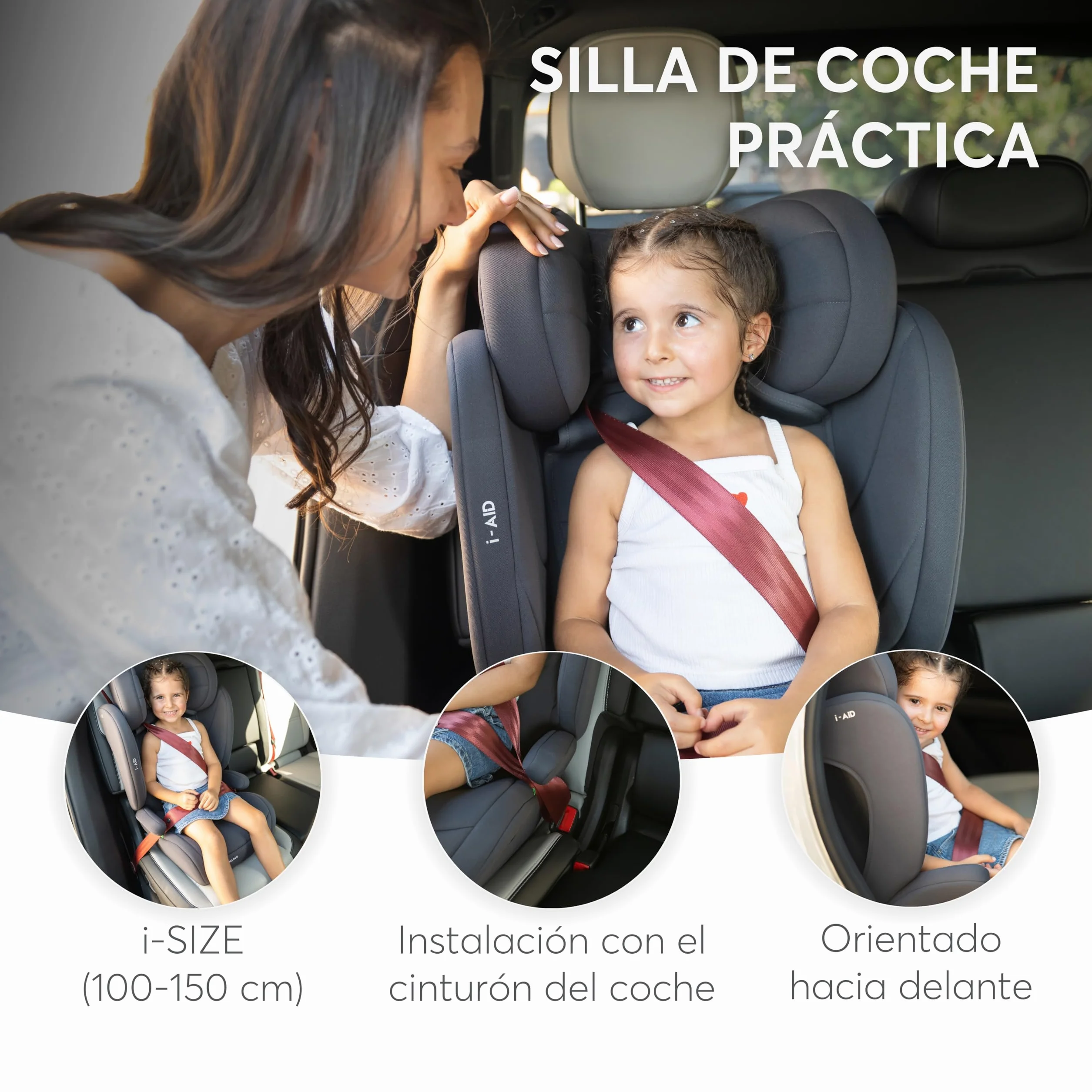 KikkaBoo Silla Coche Grupo 3 (15-36 kg, 100-150 cm) i-AID, Silla Para Niño sin ISOFIX, i-Size, De 3,5 a 12 Años, 13 Posiciones Reposacabezas, Gris