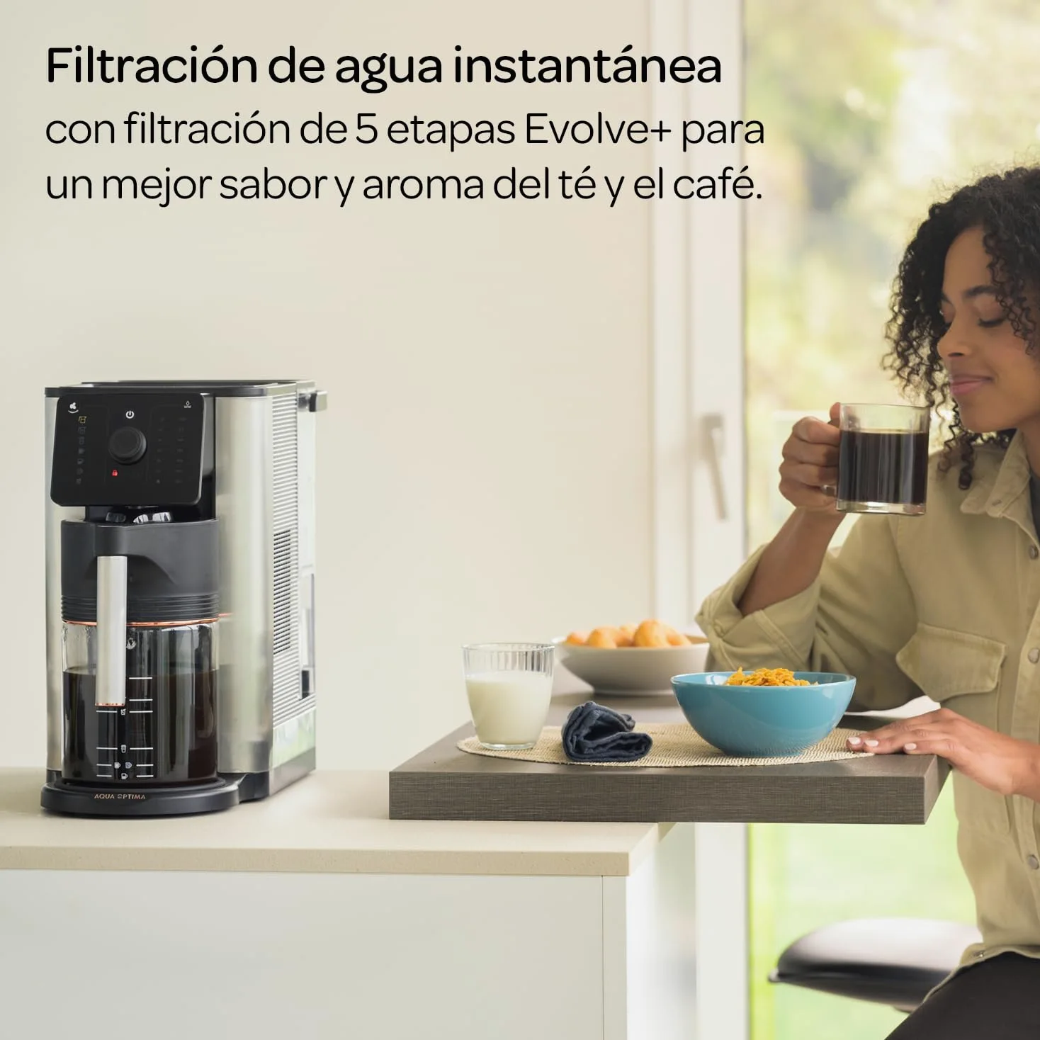 Aqua Optima Máquina de café por goteo Aurora con agua filtrada y dispensador instantáneo. Incluye filtro Evolve+ de 30 días. Ahorro de energía, ajuste de temperatura y cantidad de agua. Plug & Go.