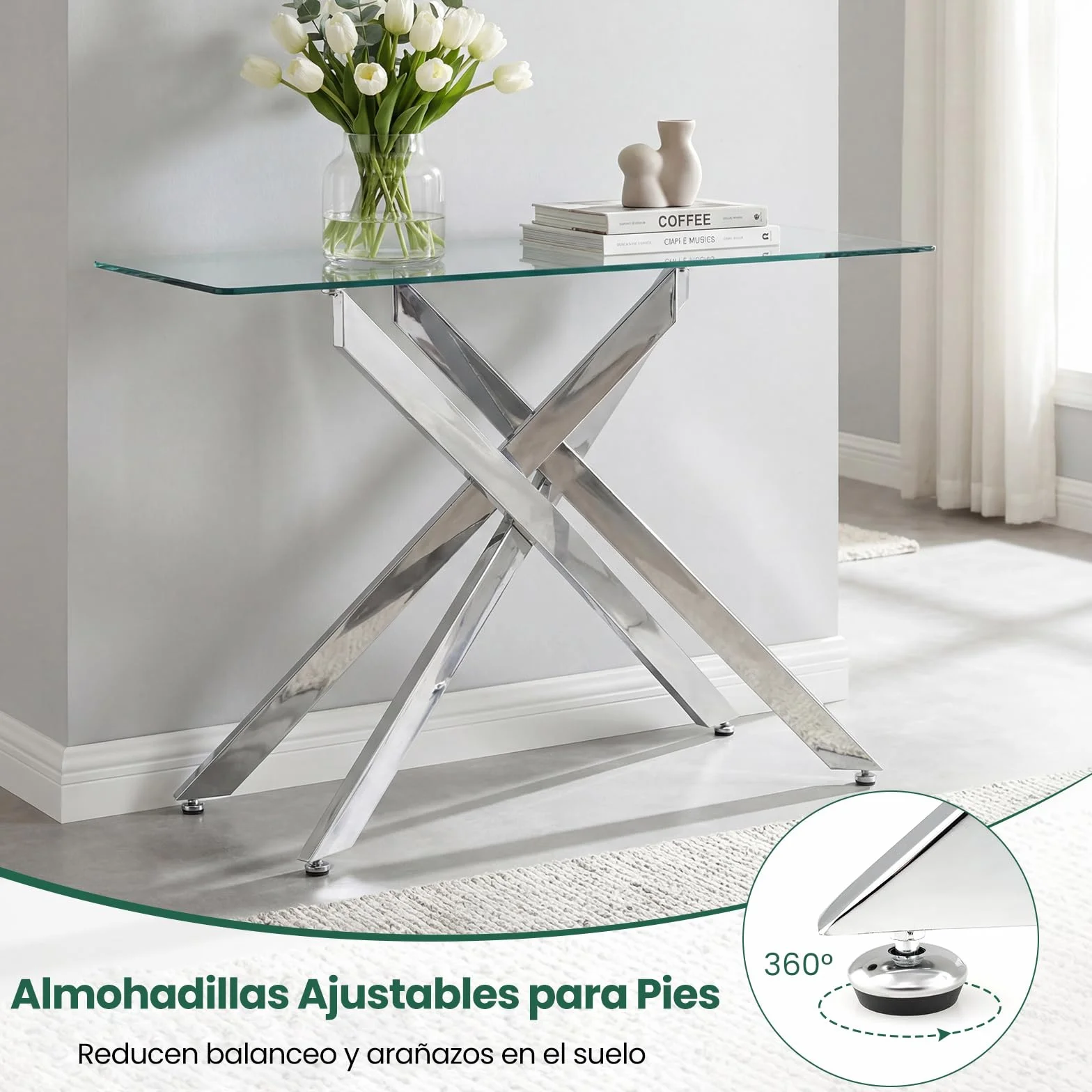 COSTWAY Mesa Consola de Cristal, Mesa de Entrada con Tablero de Cristal Templado y Patas Tubulares de Metal, Mesita Ayxiliar para Salón Pasillo Entrada, 115 x 45 x 78 cm (Plata)