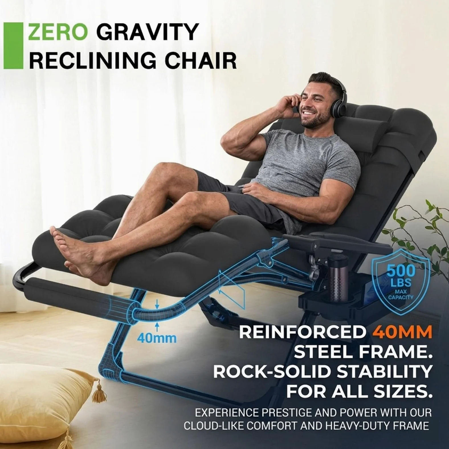 Silla Gravedad Cero XXL 33 Pulgadas Sillón Relax con Cojín 10cm Suave Todo Clima Camastro Plegable 226kg para Terraza Jardín Dormitorio y Descanso