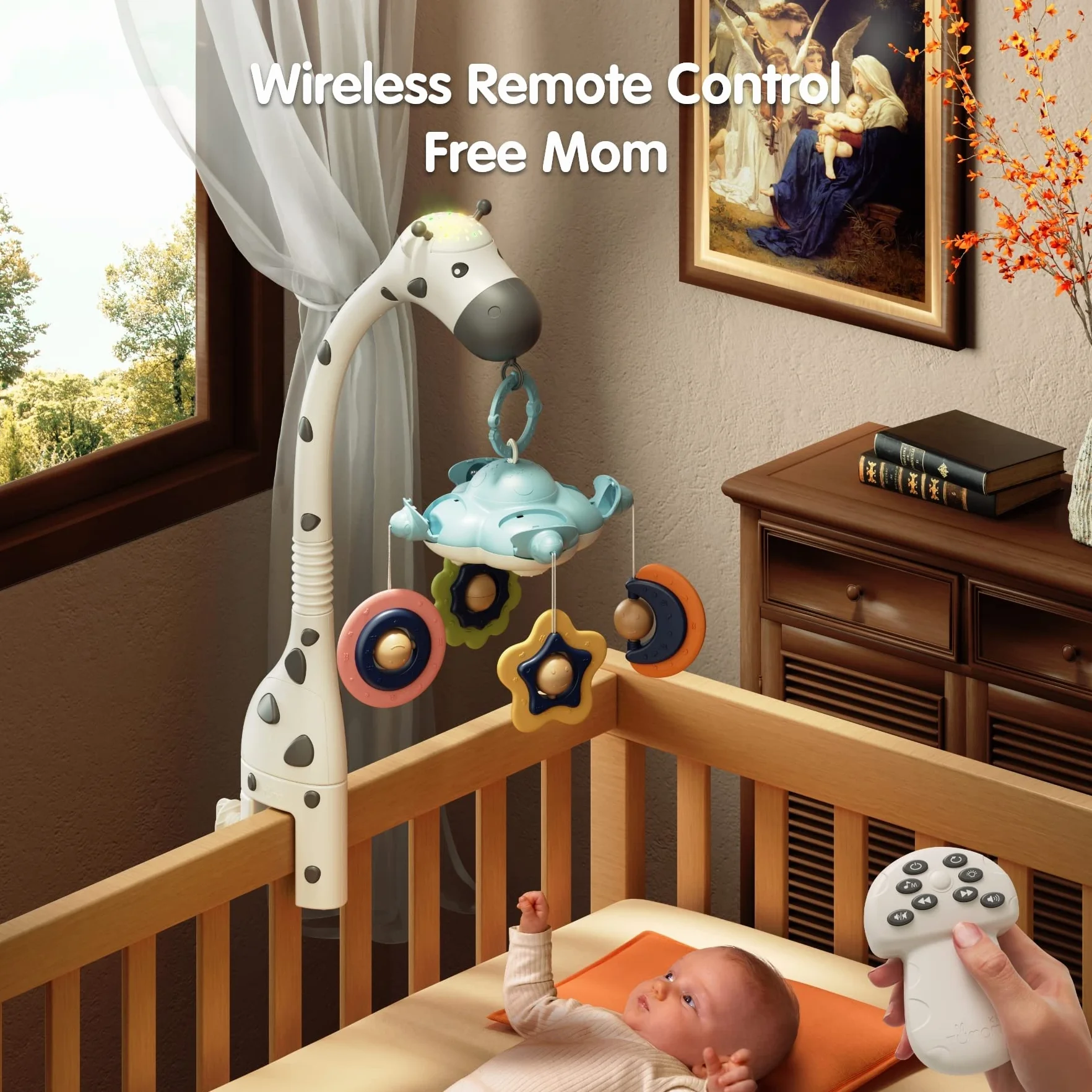 TUMAMA Movil Cuna Bebe, Juguete de Cuna 3 en 1 con Control Remoto, luz Nocturna de proyección, música y Ruido Blanco, Juguetes sensoriales de guardería Nacido recién