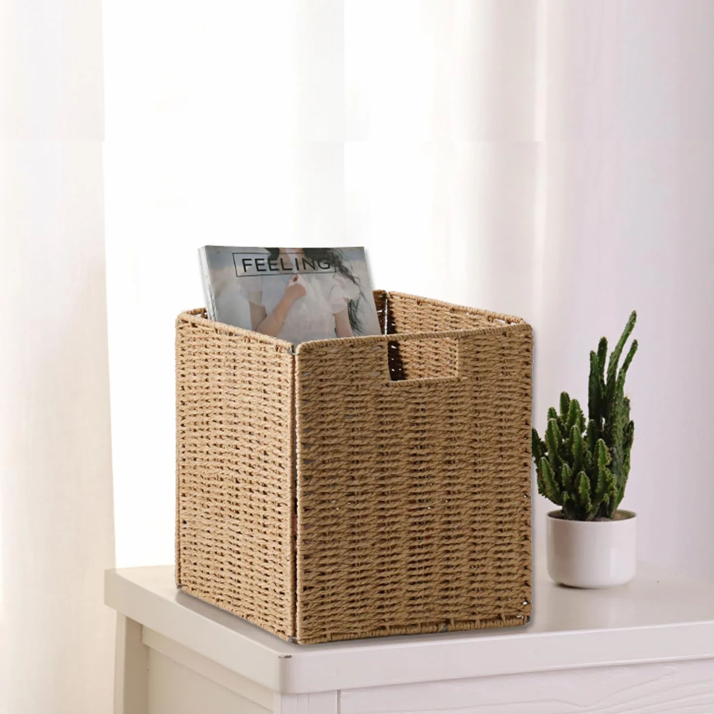 2 Cestas de Almacenaje, Cesta Mimbre Tejidas a Mano Cubo 28CM, Cesta Grande Plegable de Papel de Jacinto de Agua con Asas, Cesto Decorativo para Baño Estanterías Kallax Cocina