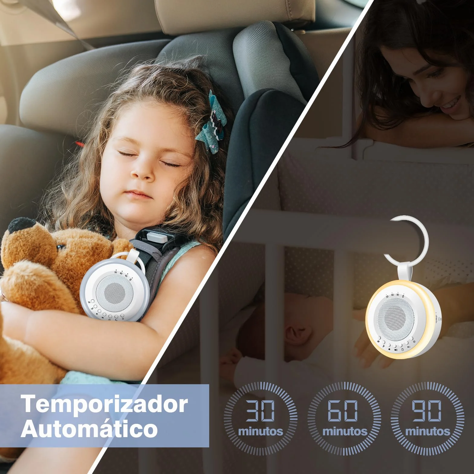 Easy@Home Máquina de Ruido Blanco para Dormir Bebé 20 Sonidos Relajantes Luz Nocturna Ajustable Temporizador Recargable USB