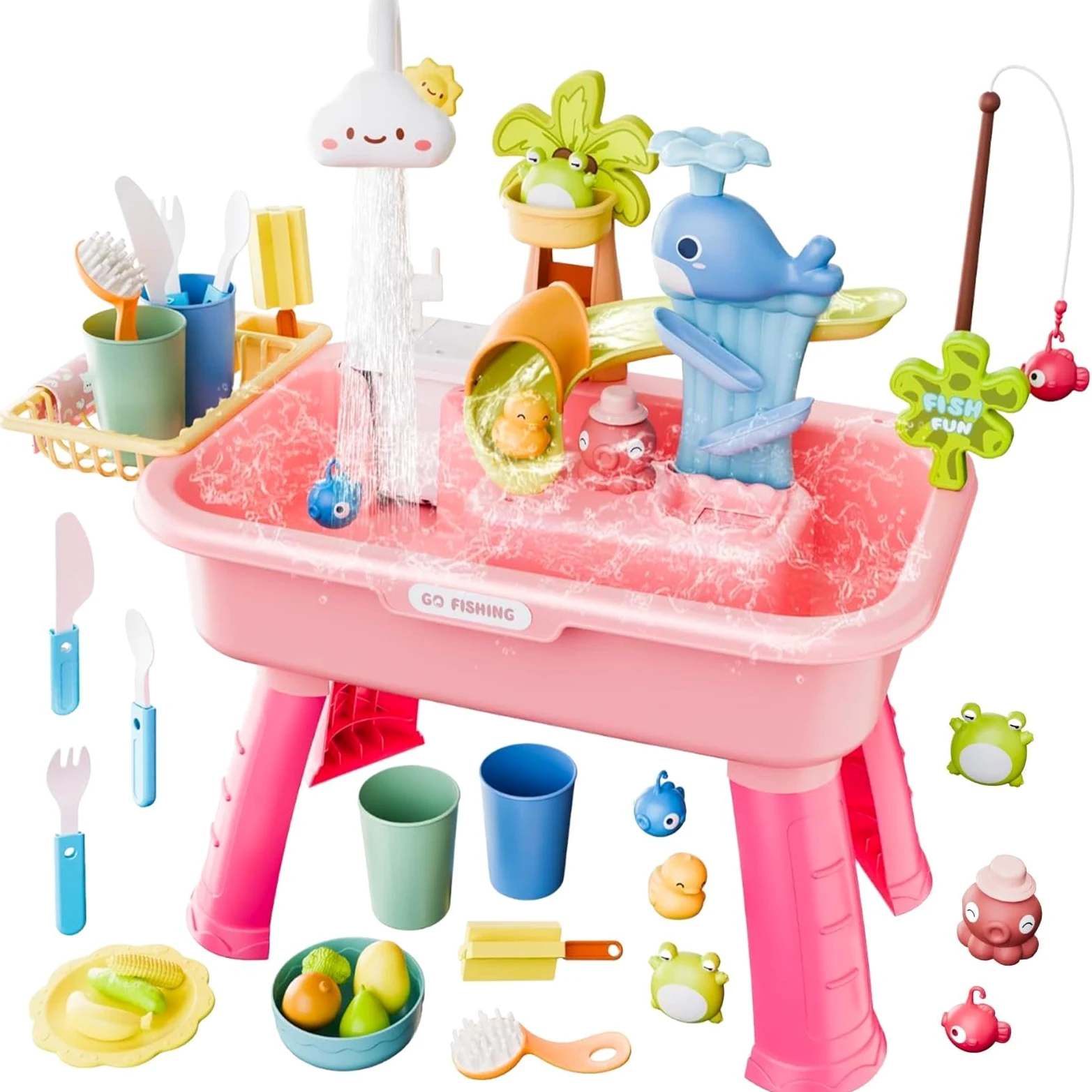Fregadero de juegos para niños – Fregadero de cocina 4 en 1 para niños pequeños | Mesa de agua para niños, mesa de juego de agua para niños pequeños, fregadero con agua corriente y bomba, tanque de