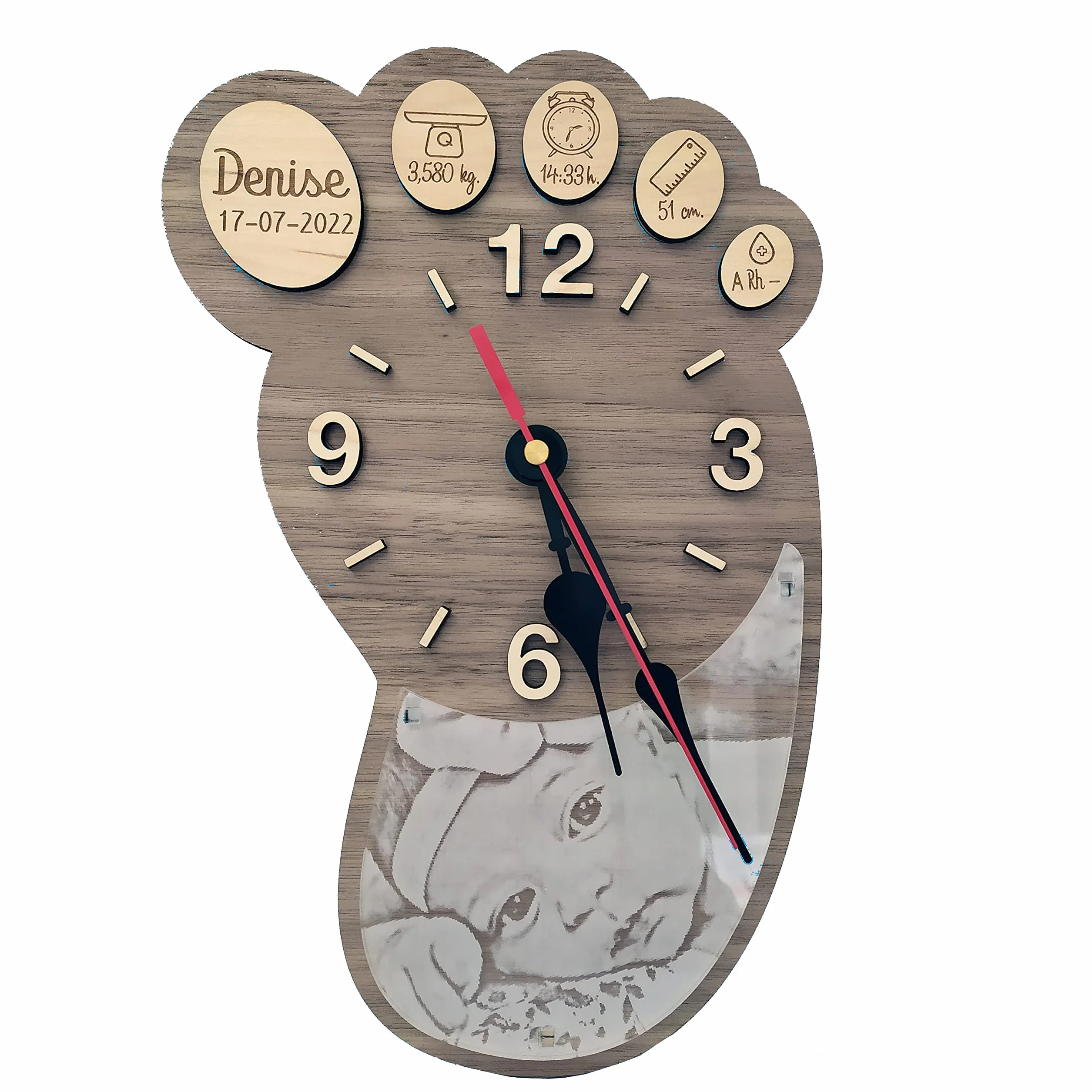 Reloj Natalicio de Madera Personalizado con Nombre, Fecha, Peso, Hora, Medida y Grupo Sanguíneo