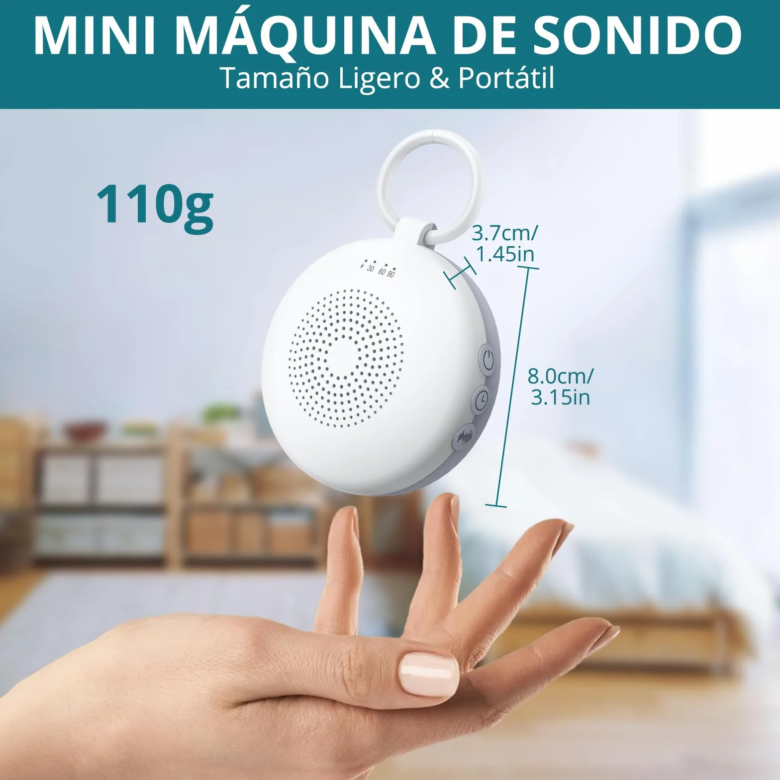Máquina de Ruido Blanco para Dormir Bebé, Sonido Portátil con 12 Sonidos Relajantes, Luz Nocturna 6 Velocidades, Memoria y 3 Temporizadores