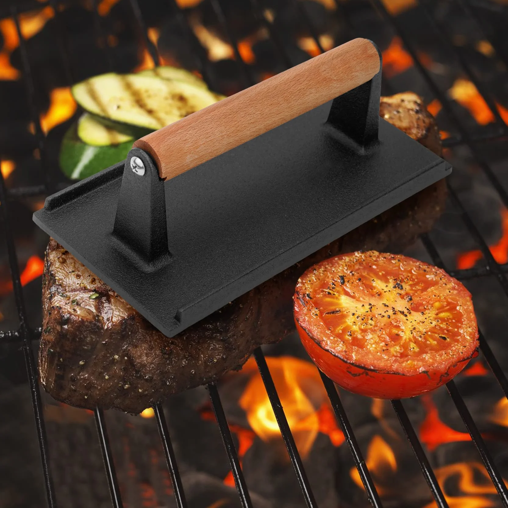 onlyfire Prensa para hamburguesas de parrilla, prensa de hierro fundido para filete de carne y tocino para hamburguesa, sándwich a la parrilla, quesadilla y filete