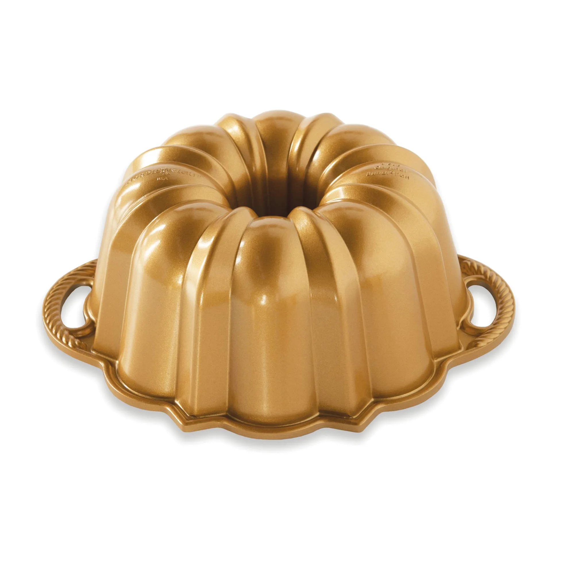 Nordic Ware Molde de aluminio fundido original para 6 tazas, molde para tartas con patrón geométrico, color dorado 51277