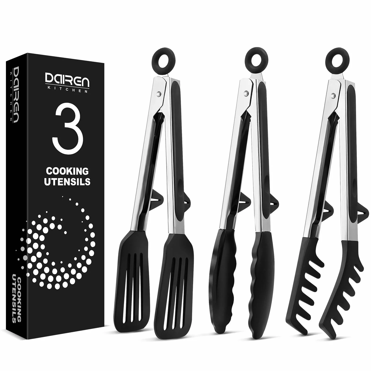 Pinzas de cocina para cocinar, punta de silicona antiarañazos de 9 pulgadas para sartenes antiadherentes, pinzas de servir de grado alimenticio, cierre de tracción, juego de 3, color negro