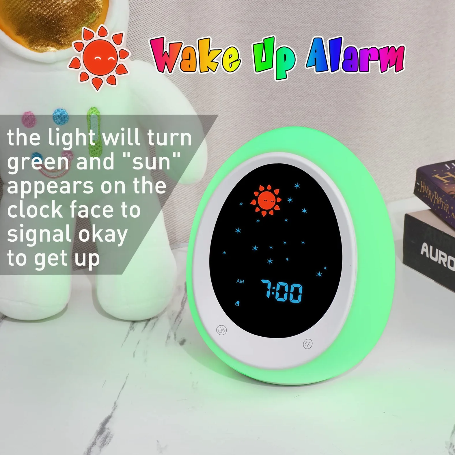 Reloj despertador para niños, reloj de entrenamiento para dormir con sol y luna, máquina de sonido, luz nocturna, reloj despertador para niños