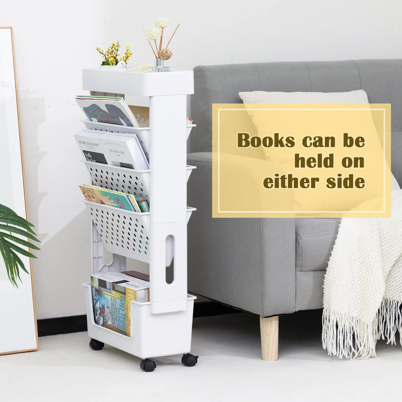 DOEWORKS Estantería Libros con Ruedas Móvil Estantería Carrito Auxiliar 5 Niveles Estante para Libros Pequeño Organizador Escritorio Ruedas Carro de Servicios para Salón Dormitorio Oficina, Blanca