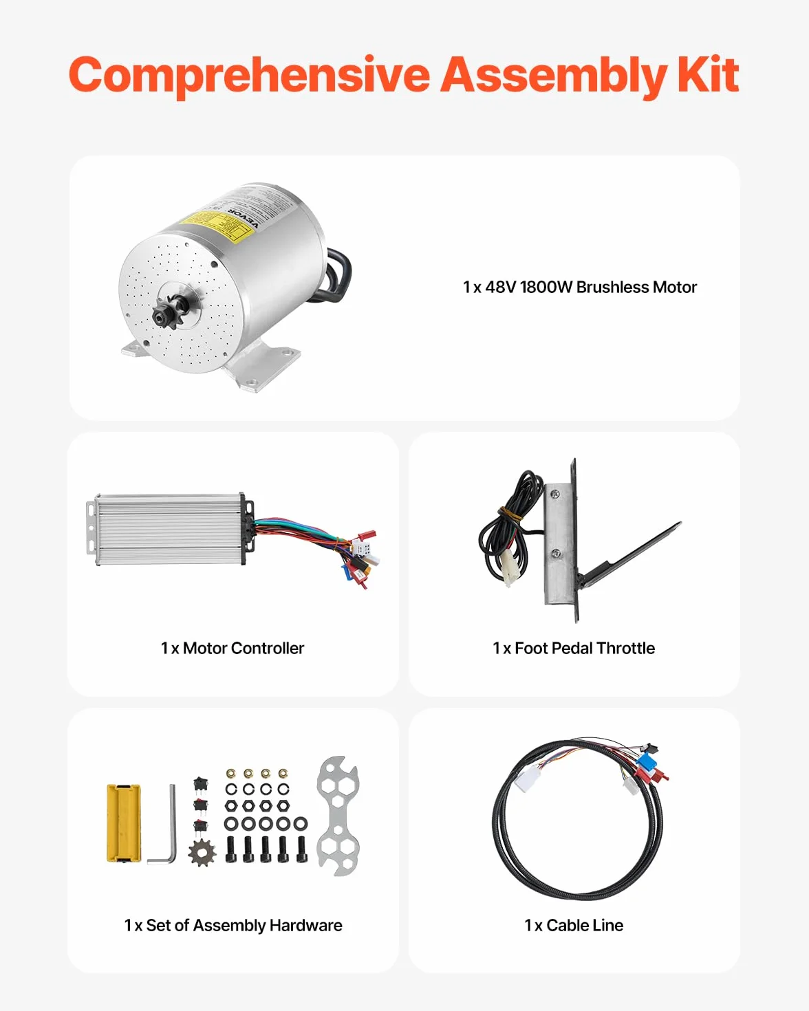 VEVOR Kit de Motor Eléctrico de CC sin Escobillas 1800 W 48 V 4500 RPM Controlador de Velocidad para Bicicletas Eléctricas