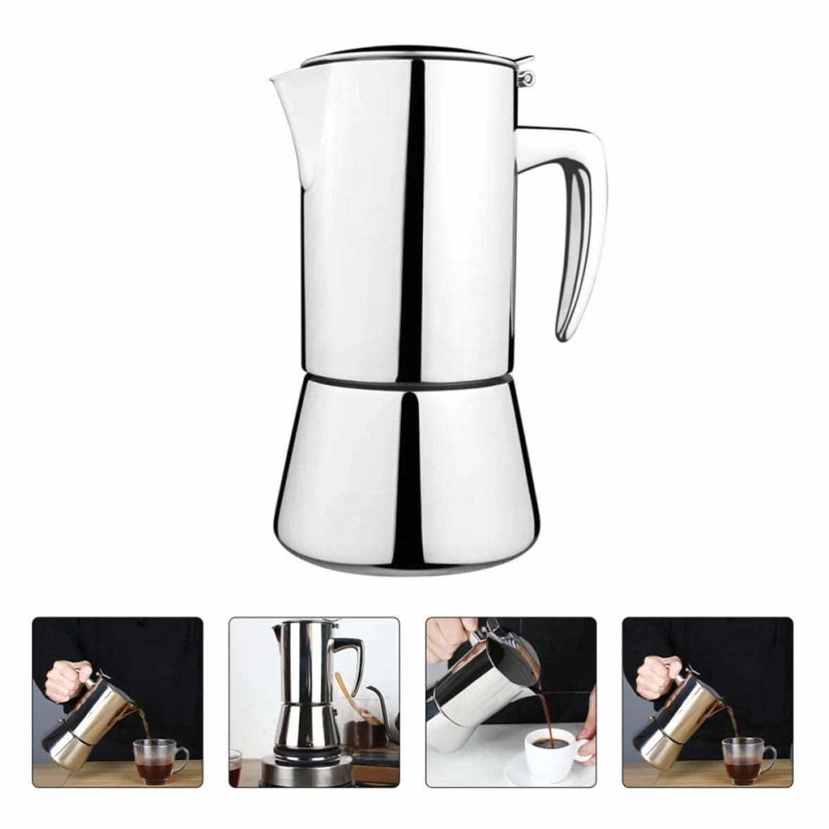 Cafetera Italiana de Acero Inoxidable 200ml Mango Antiquemaduras, Apta para Estufas de Inducción, Adecuado para Uso en Casa o Cafeterías