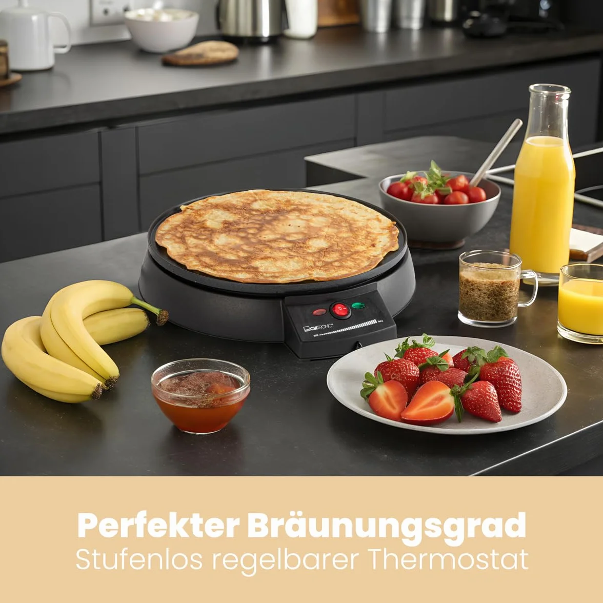 Clatronic Crepes/Wraps/Panqueque Maker con Ø 29cm, incl. Dispensador de masa y revestimiento antiadherente superficie, termostato ajustable continuo y backampel - Panqueque Maker con 900W - CM 3372