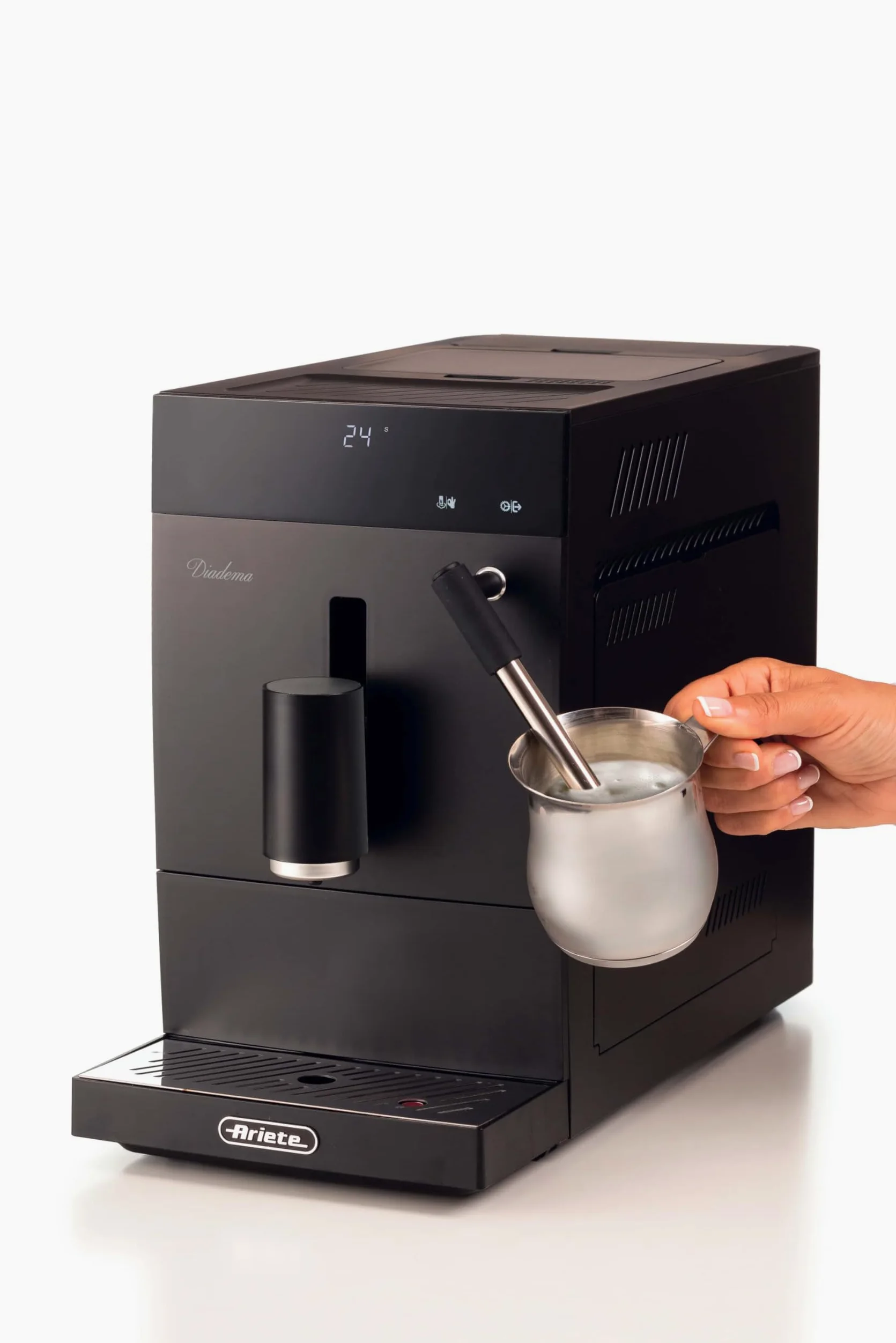 Ariete 1452 Diadema, cafetera automática, 1350W, 19 bar de presión, para café, americano y agua caliente, dispositivo capuchino, pantalla LED, dispensador ajustable, negro
