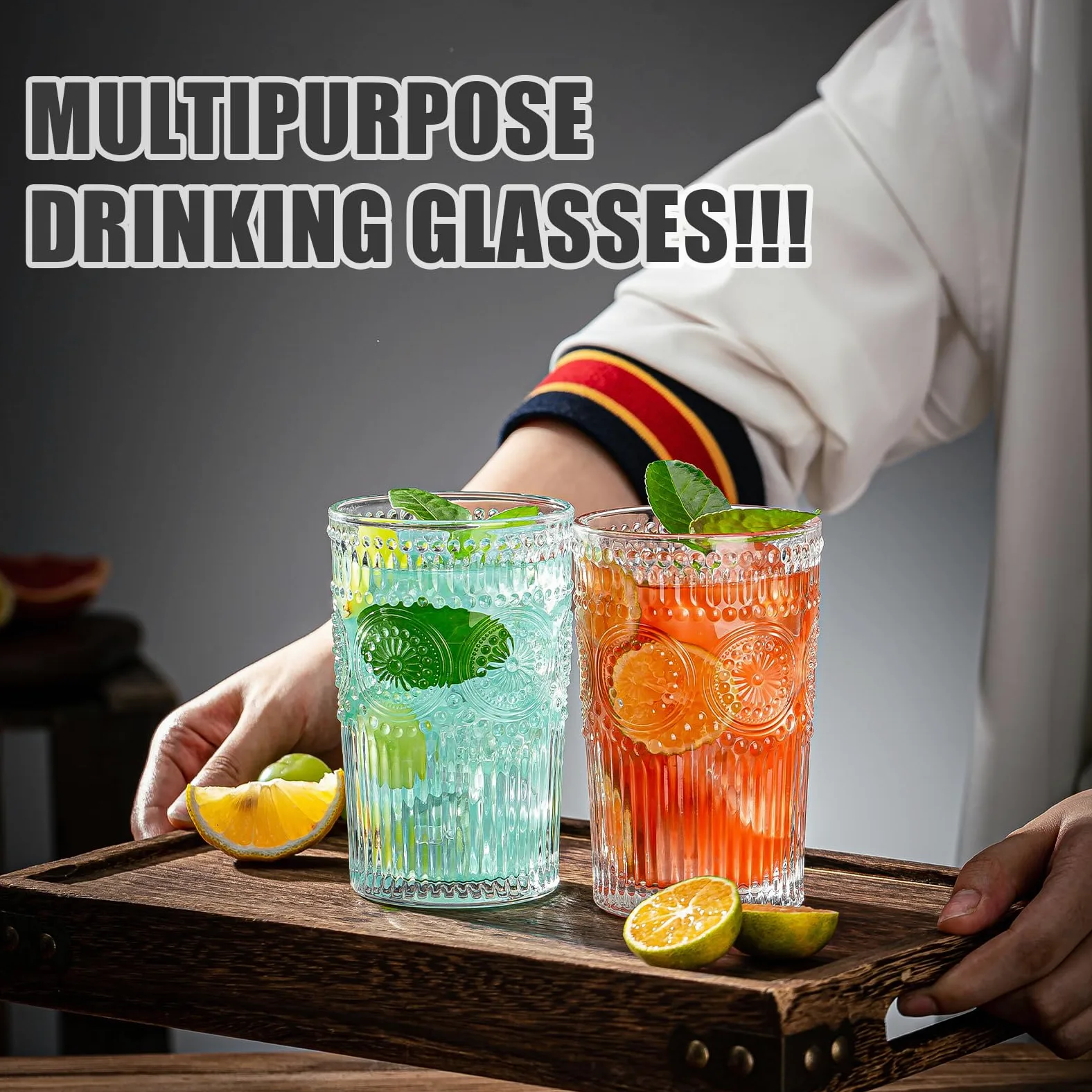 Juego de 8 vasos de cristal vintage de 13.5 onzas, duraderos para cócteles, agua, jugo, cerveza, vino, edición especial, vajilla, apto para lavavajillas