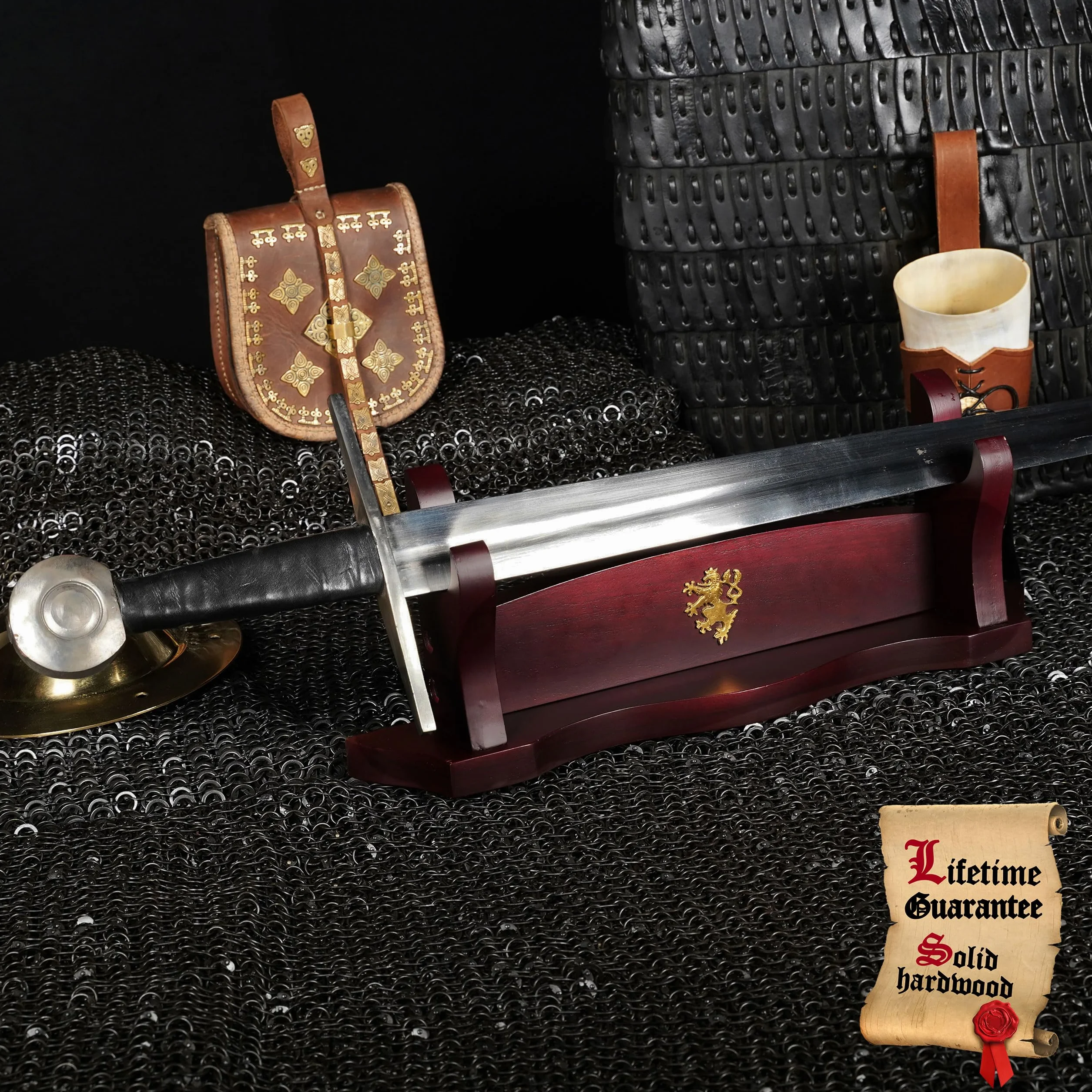 Mythrojan Medieval Sword Stand Solid Wood Horizontal Display Rack for Katana Samurai Dark Brown